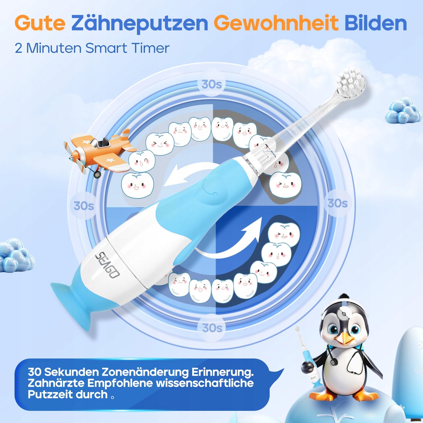 SEAGO Szczoteczka Elektryczna Dla Dzieci LED IPX7 Timer 2 Minuty — miniatura 5
