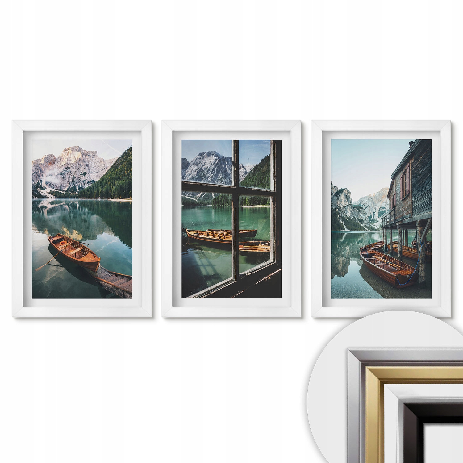 Sada obrazů pro kancelář nebo chodbu 20x30 Horské jezero lodě dům