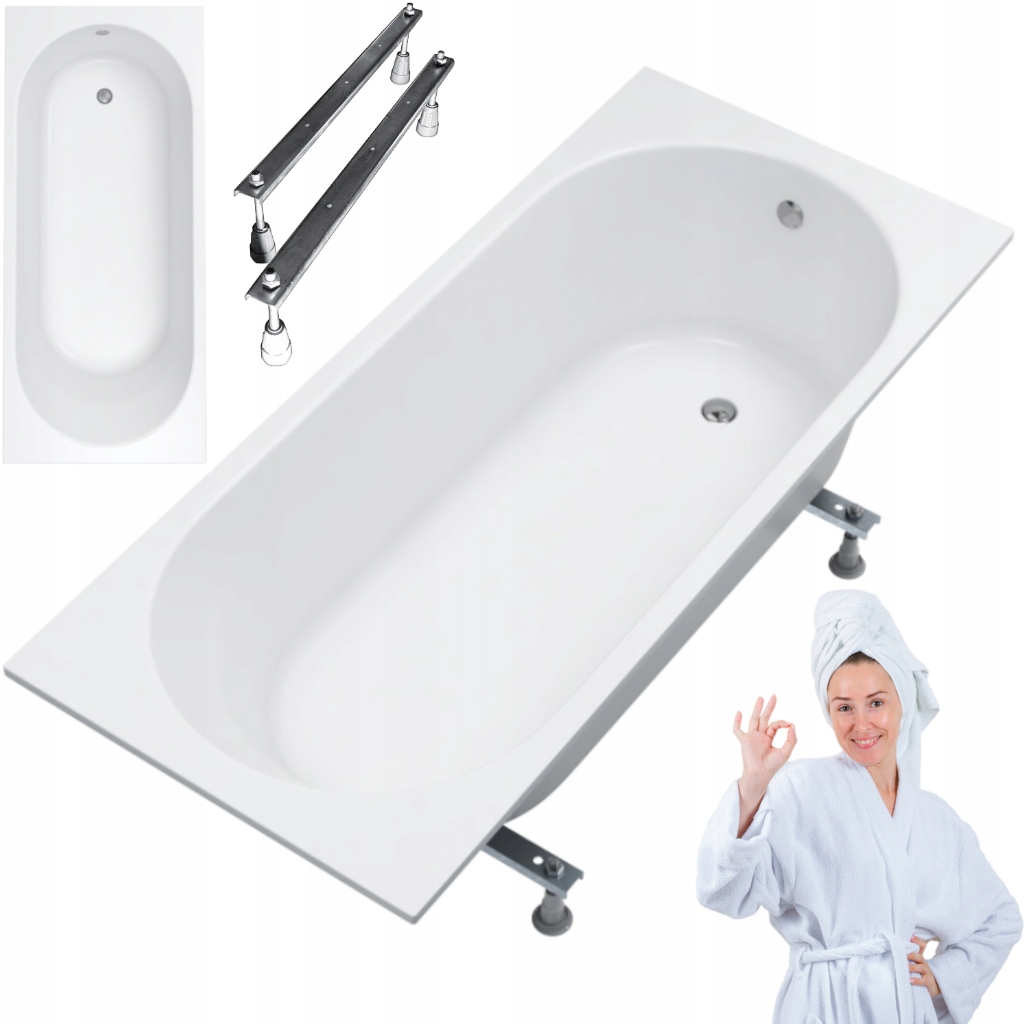 Obdélníková vana Kronos Oval 170x70 bílá pro zabudování, zesílená nohy