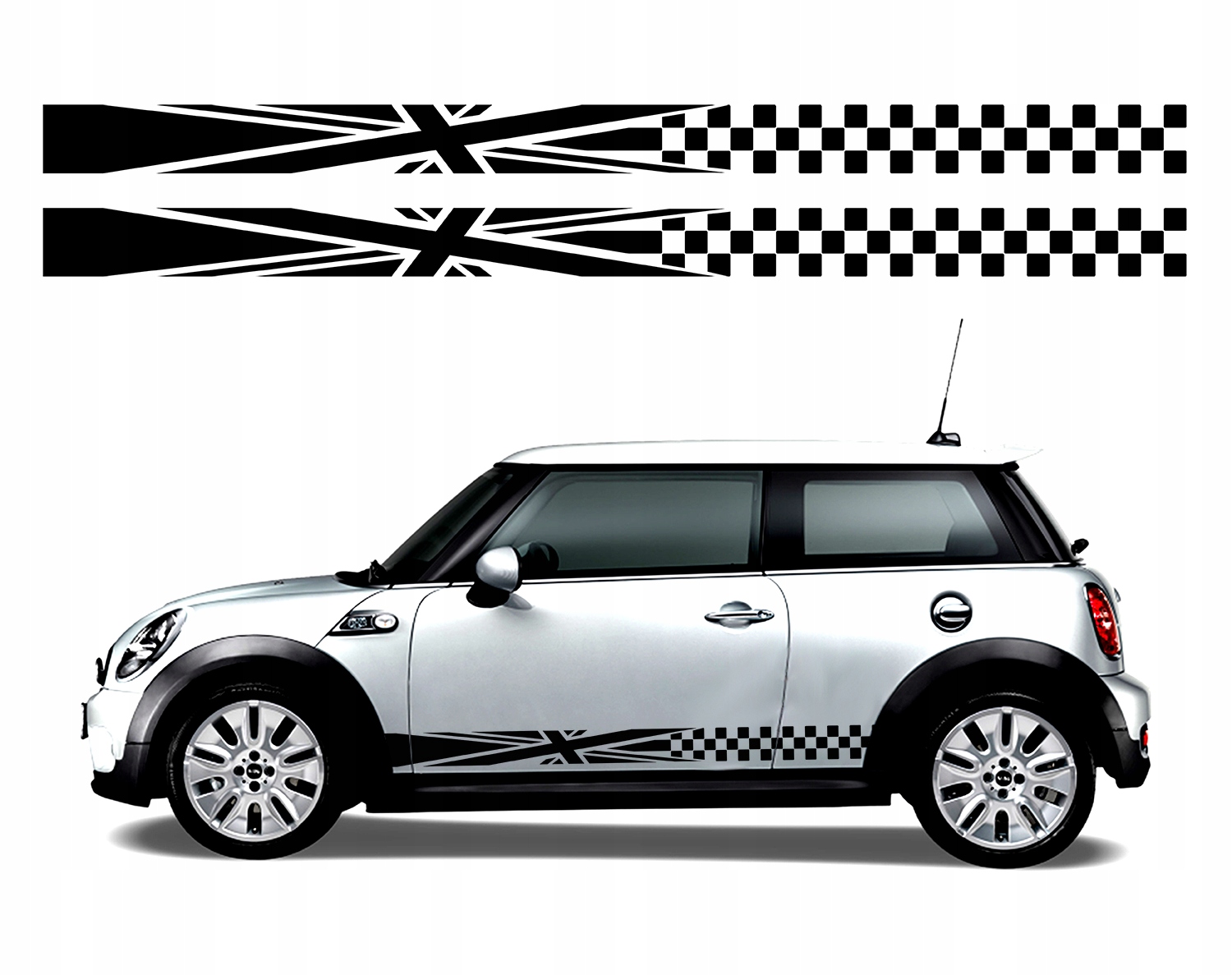 2x Samolepka Grafika na auto Boční Pruhy Mini Vlajka Šachovnice 200x12