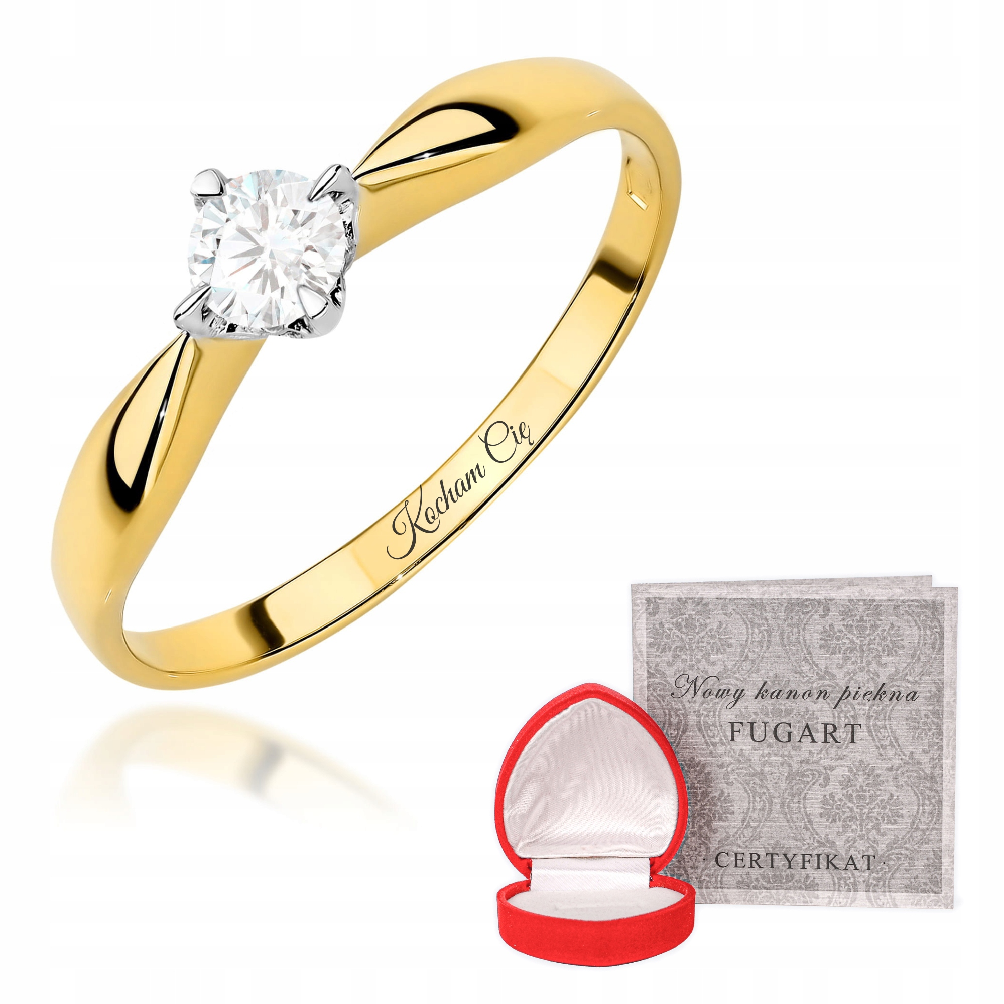 Złoty Pierścionek 585 Zaręczynowy Z Diamentem 0.15ct Grawer r16