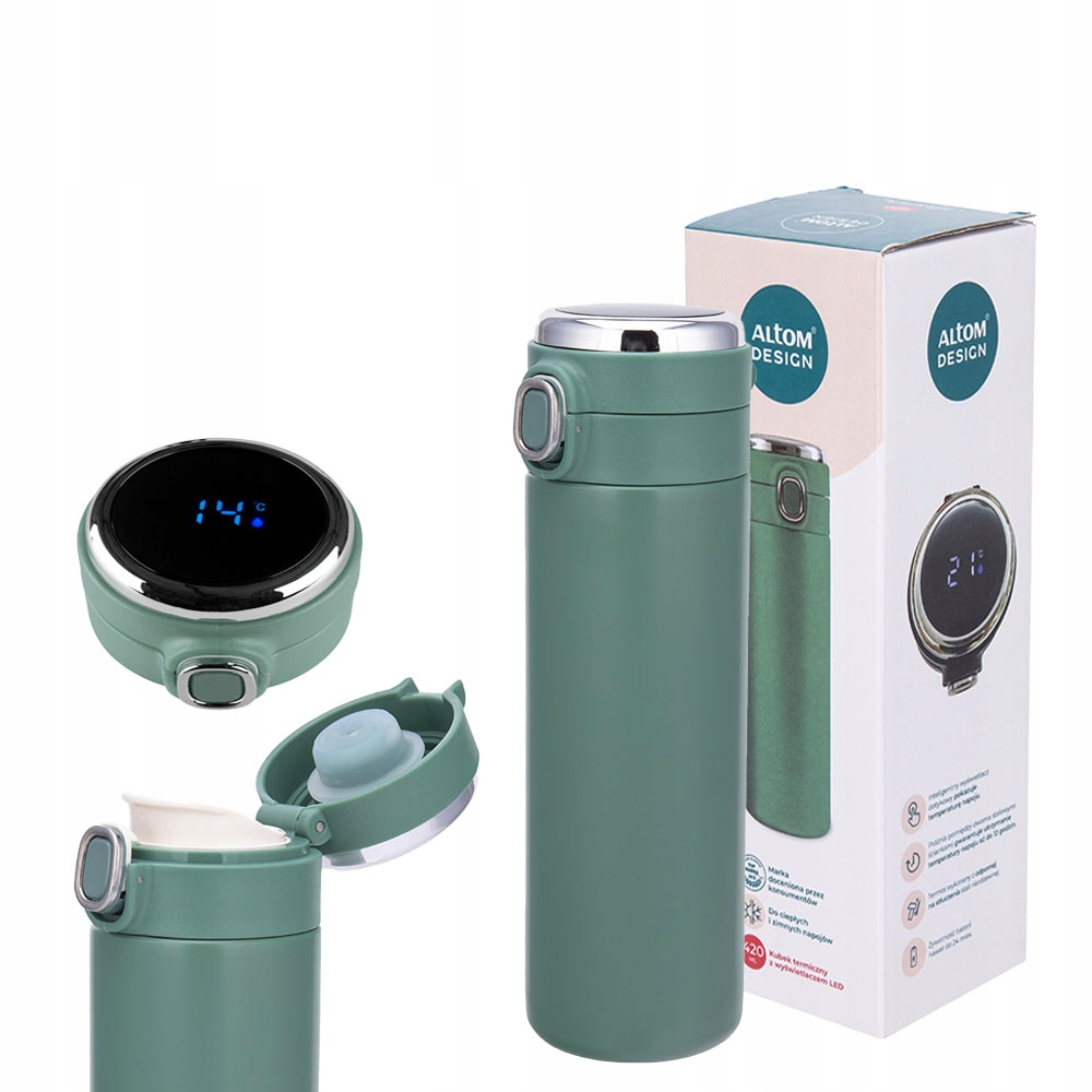 Kubek termiczny termos led na kawę herbatę smart Altom Design zielony 420ml