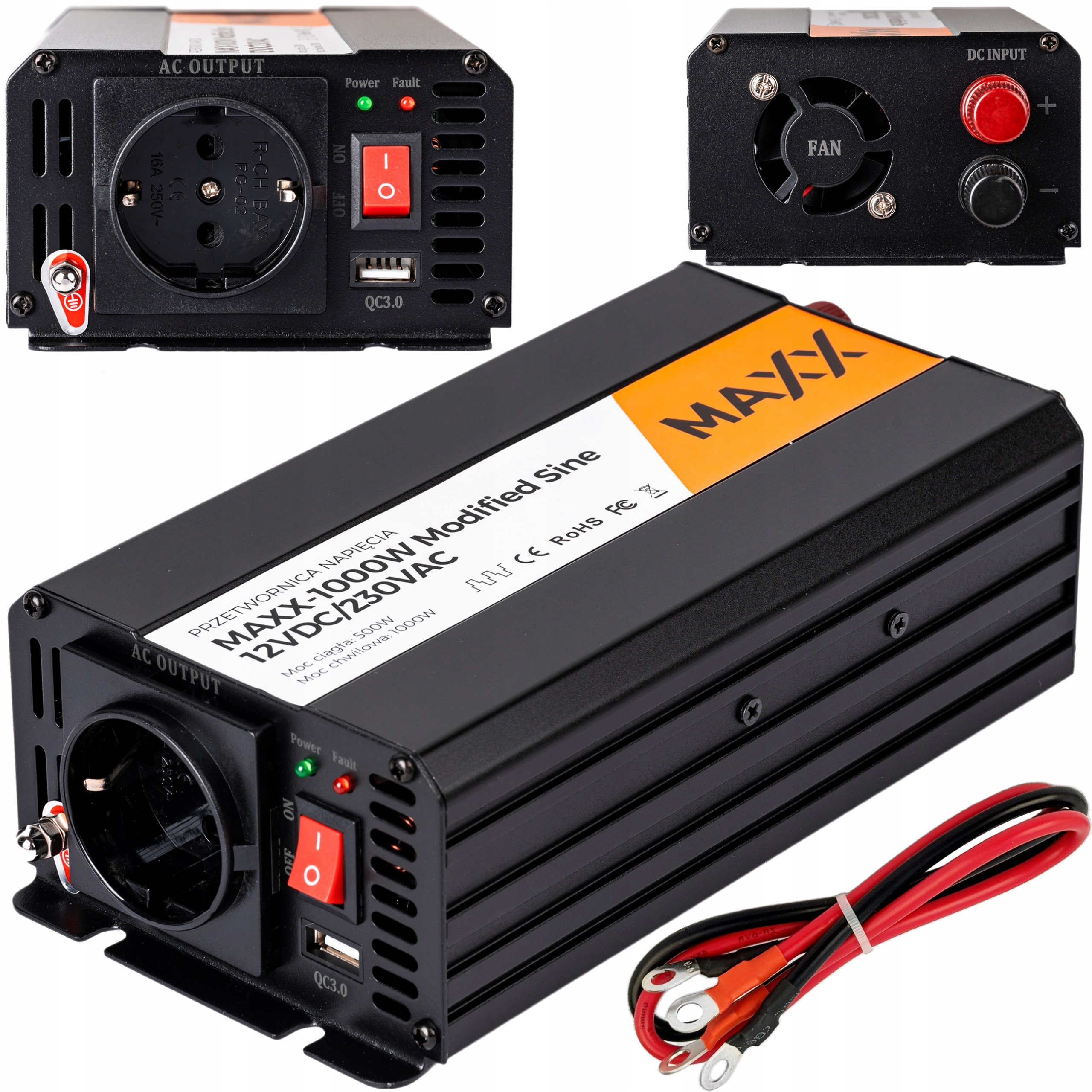 Przetwornica 12V 230V Samochodowa Napięcia Sinus Modyfikowany 500W 1000W