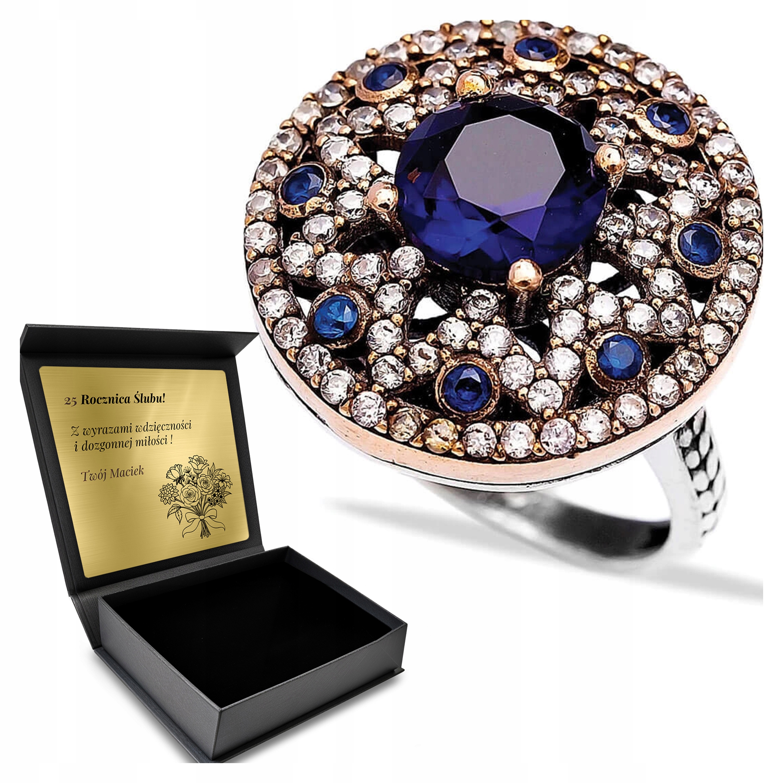 Prstýnek 925 Zirkony Safír Dárek Na Valentýna Gravírování Bonus