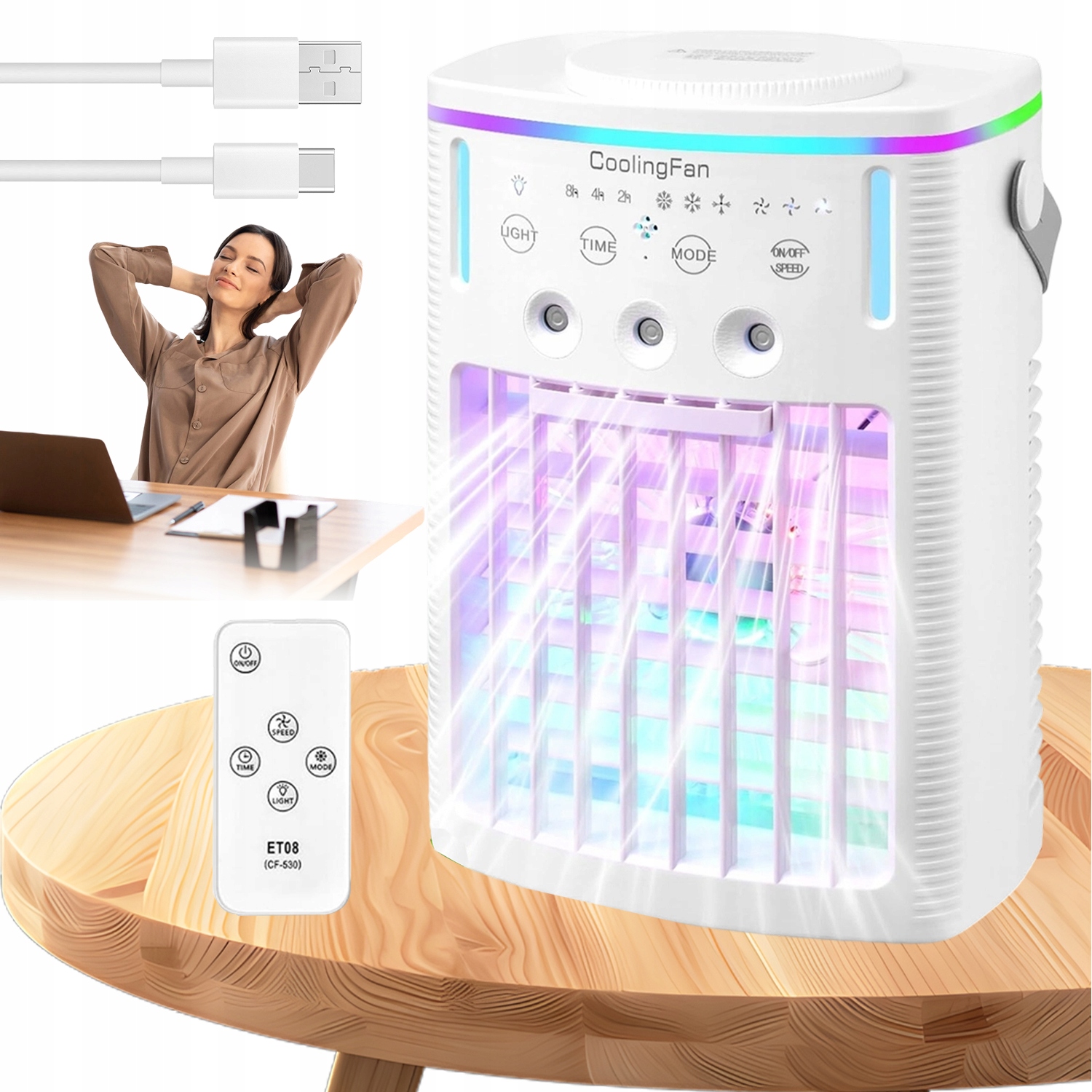 Přenosný Klimatizátor 4V1 Mini 900ML Usb C 3 Režimy Led Zvlhčovač 9W