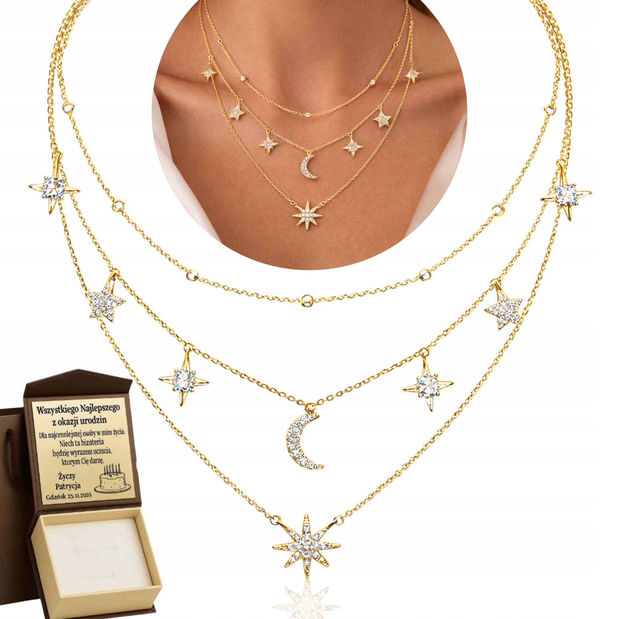 Zlatý Řetízek Dámský Náhrdelník 925/585 Trojitý Měsíc Hvězdy Zirkony