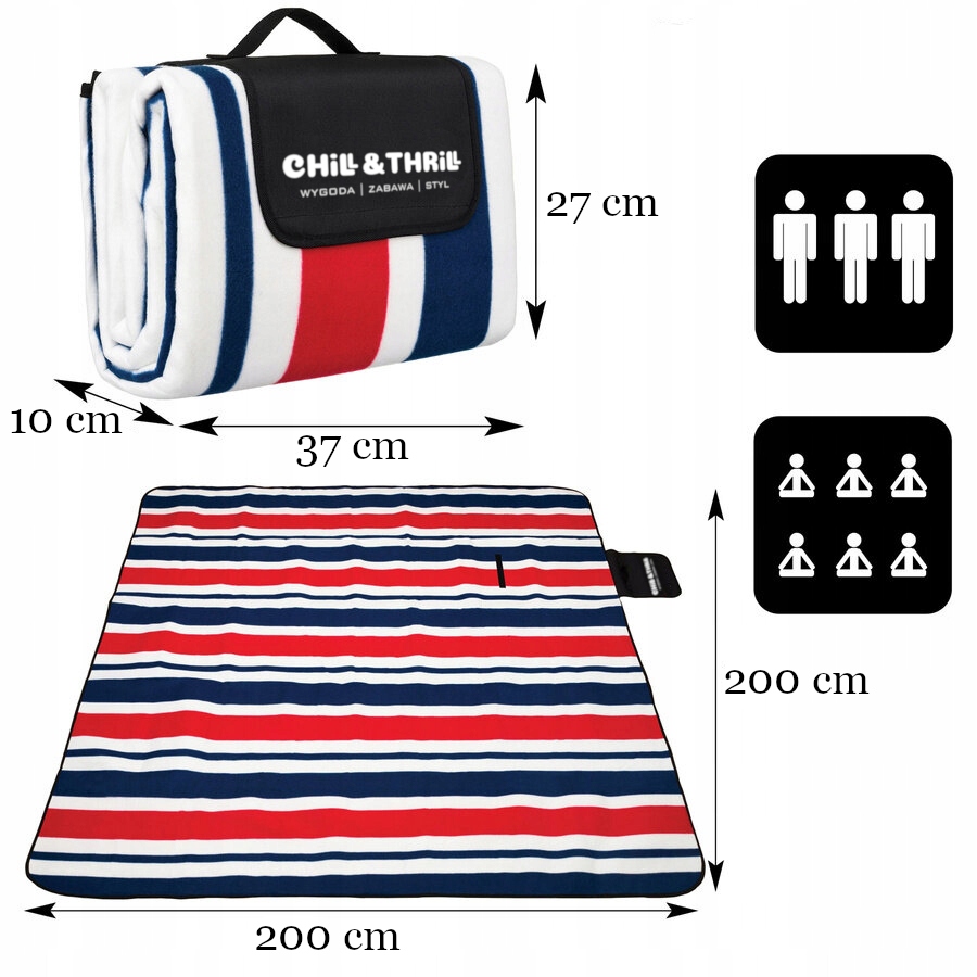 KOC PIKNIKOWY PLAŻOWY IZOLACJA DUŻA MATA WODOODPORNA OGRODOWA XXL 200x200cm Model czerwono-biało-niebieskie paski