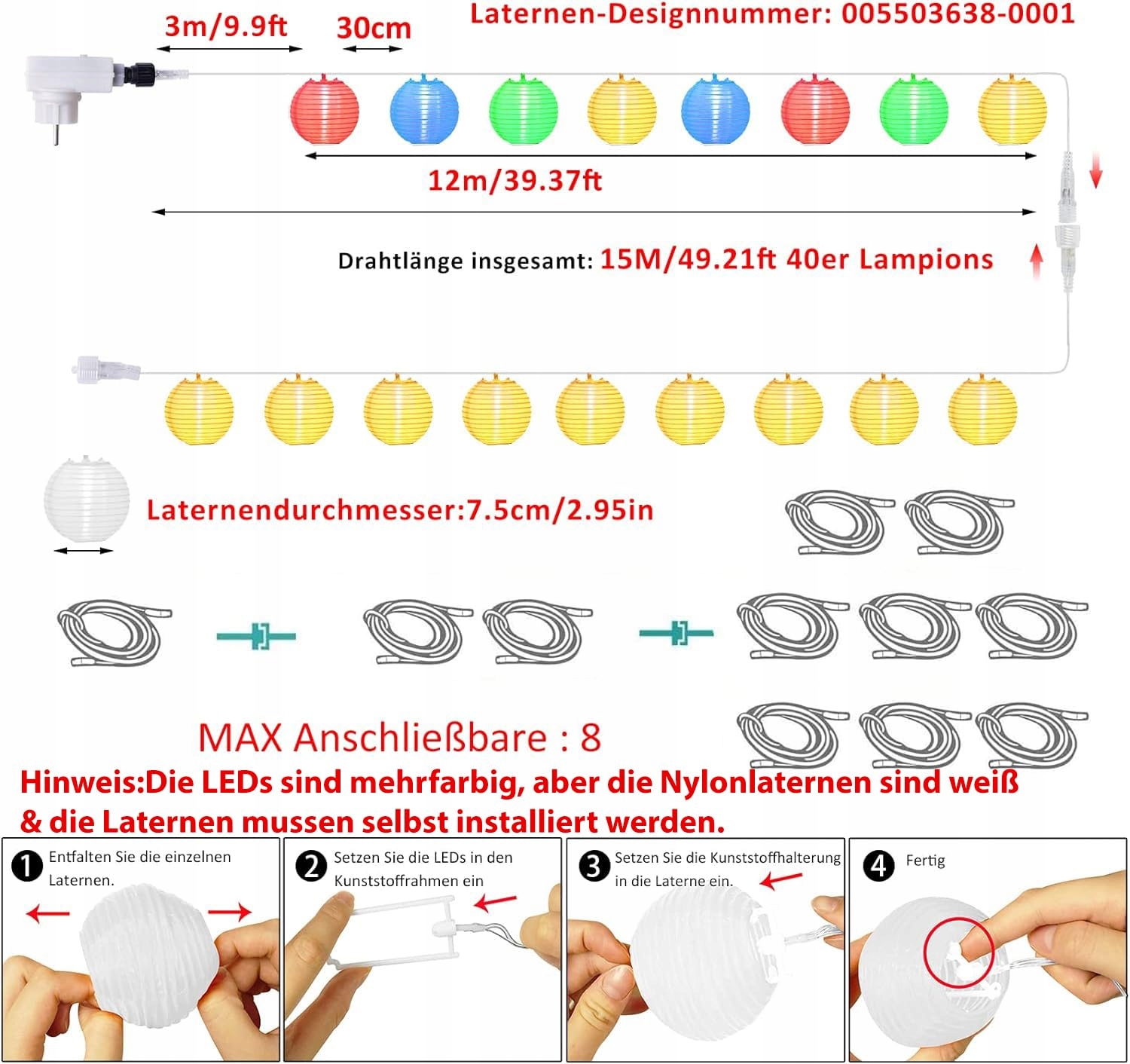 STARRYEVER 12M LED Lampiony Zewnętrzne 11 Trybów Pilot 40 LED — miniatura 6