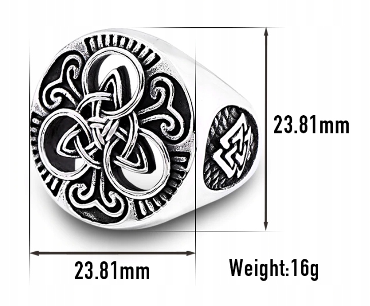 SREBRNY SYGNET NORDYCKI PIERŚCIEŃ PIERŚCIONEK VALKNUT WIKING R20 Cechy brak