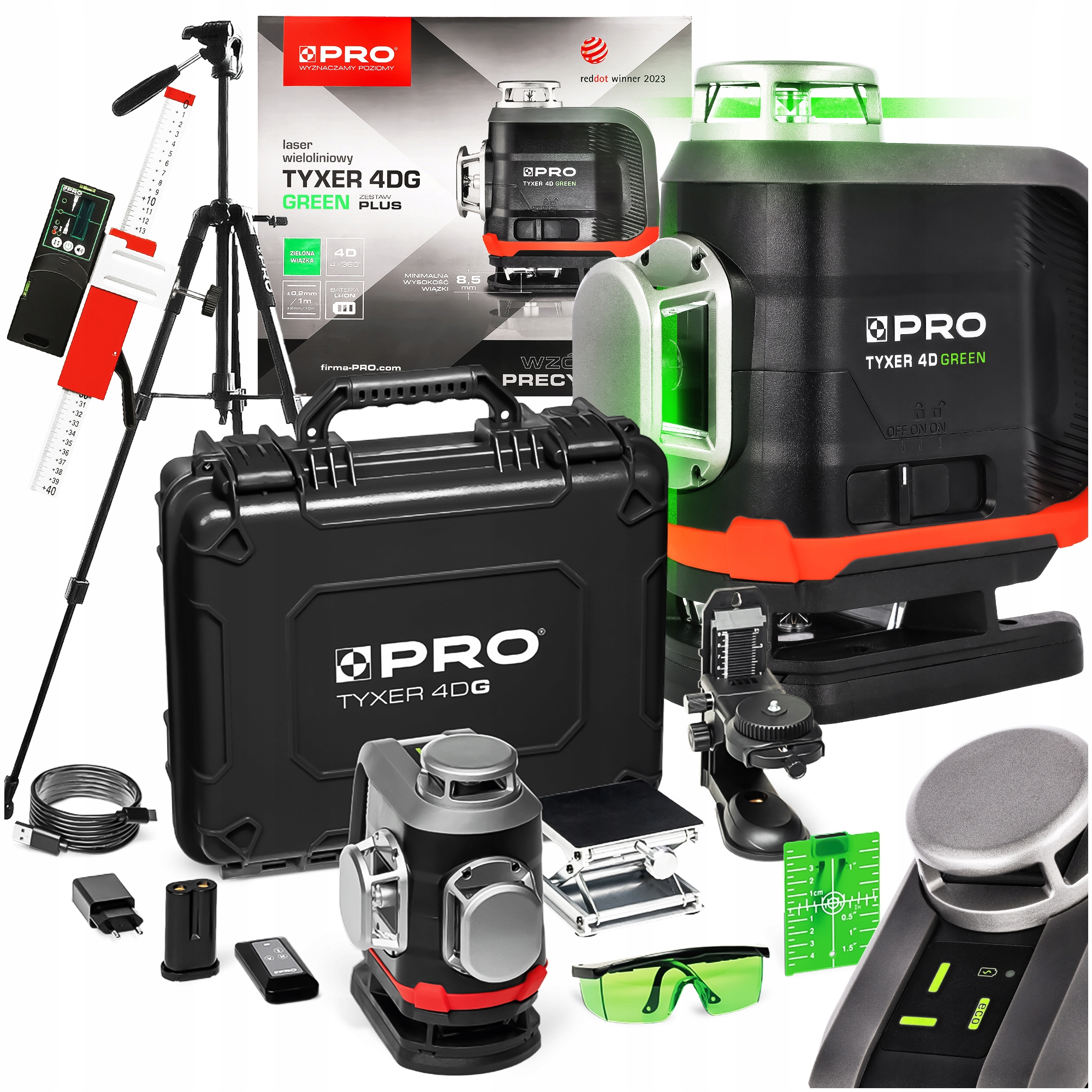 Laser Tyxer 4DG Plus zielony wieloliniowy zestaw statyw detektor 360
