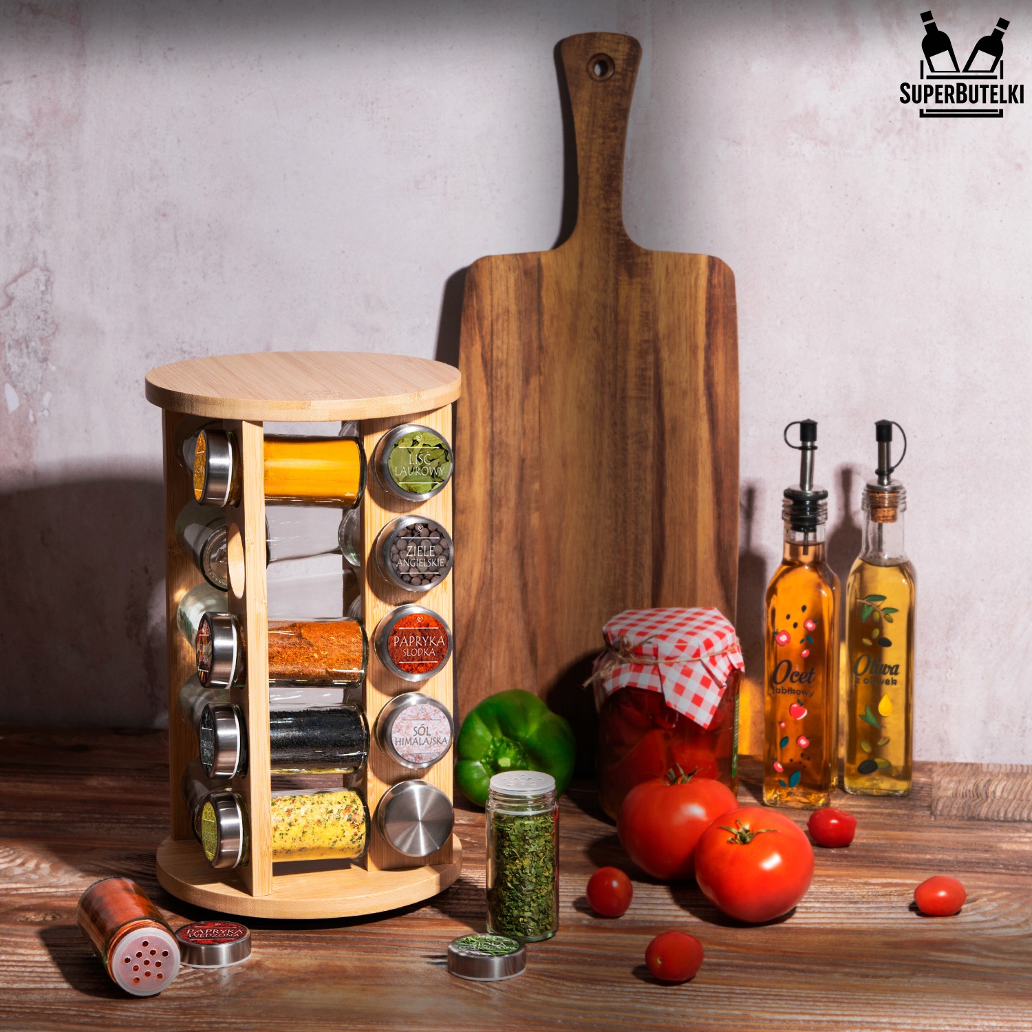 STOJAK OBROTOWY na PRZYPRAWY organizer przyprawnik 20x SŁOIKI 75x NAKLEJKI Marka SuperButelki