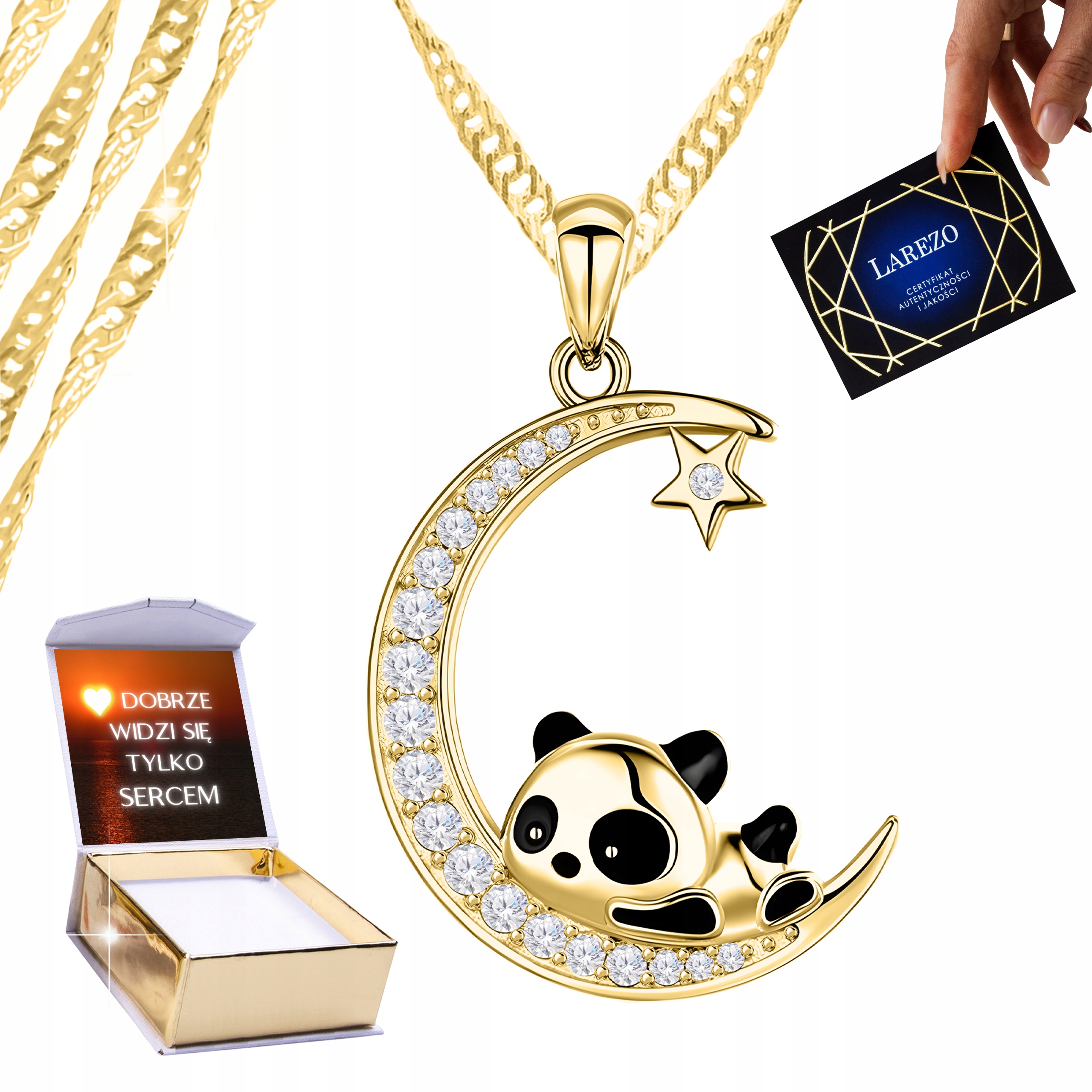 Zlatý náhrdelník 925 pro bff Měsíc s pandou Zirkony Půlměsíc Potisk