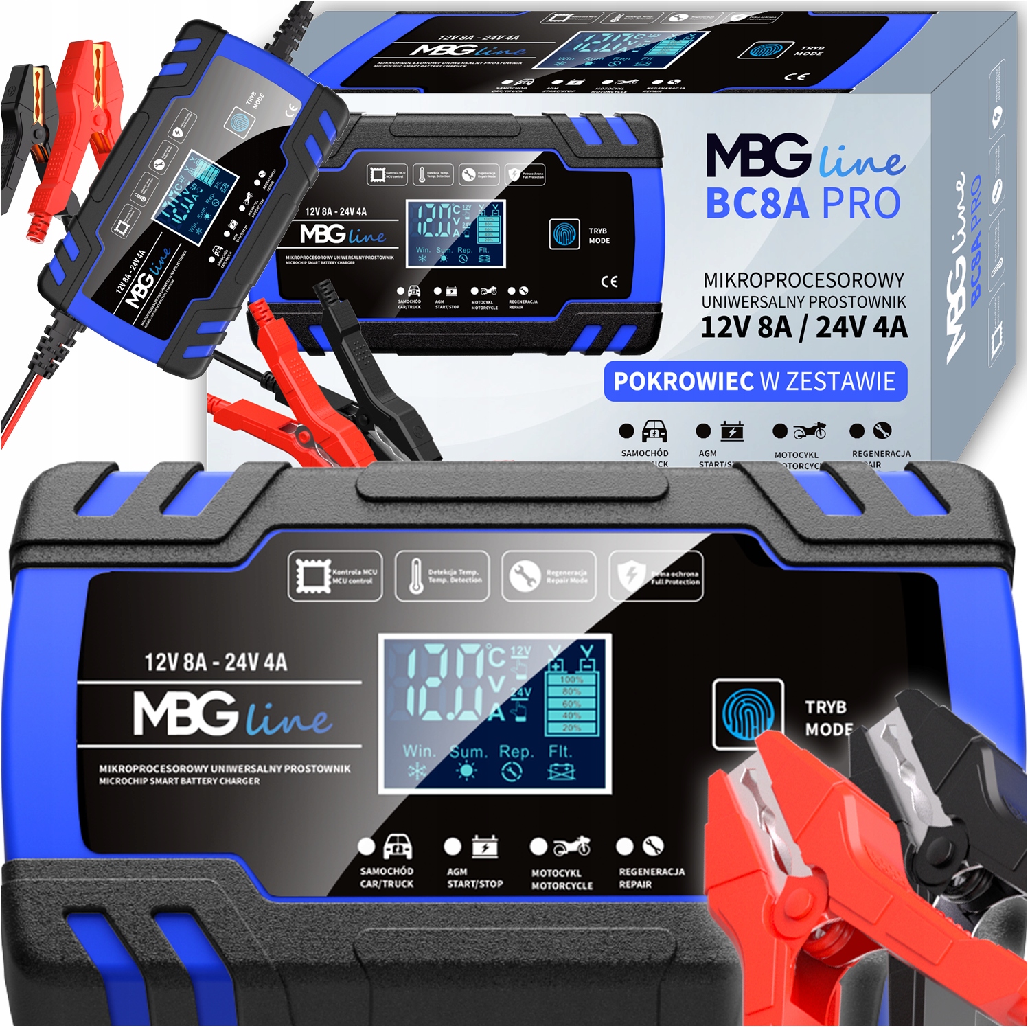 Mocny Prostownik Samochodowy Ładowarka Akumulatora LCD 24V 12V 8A Automat