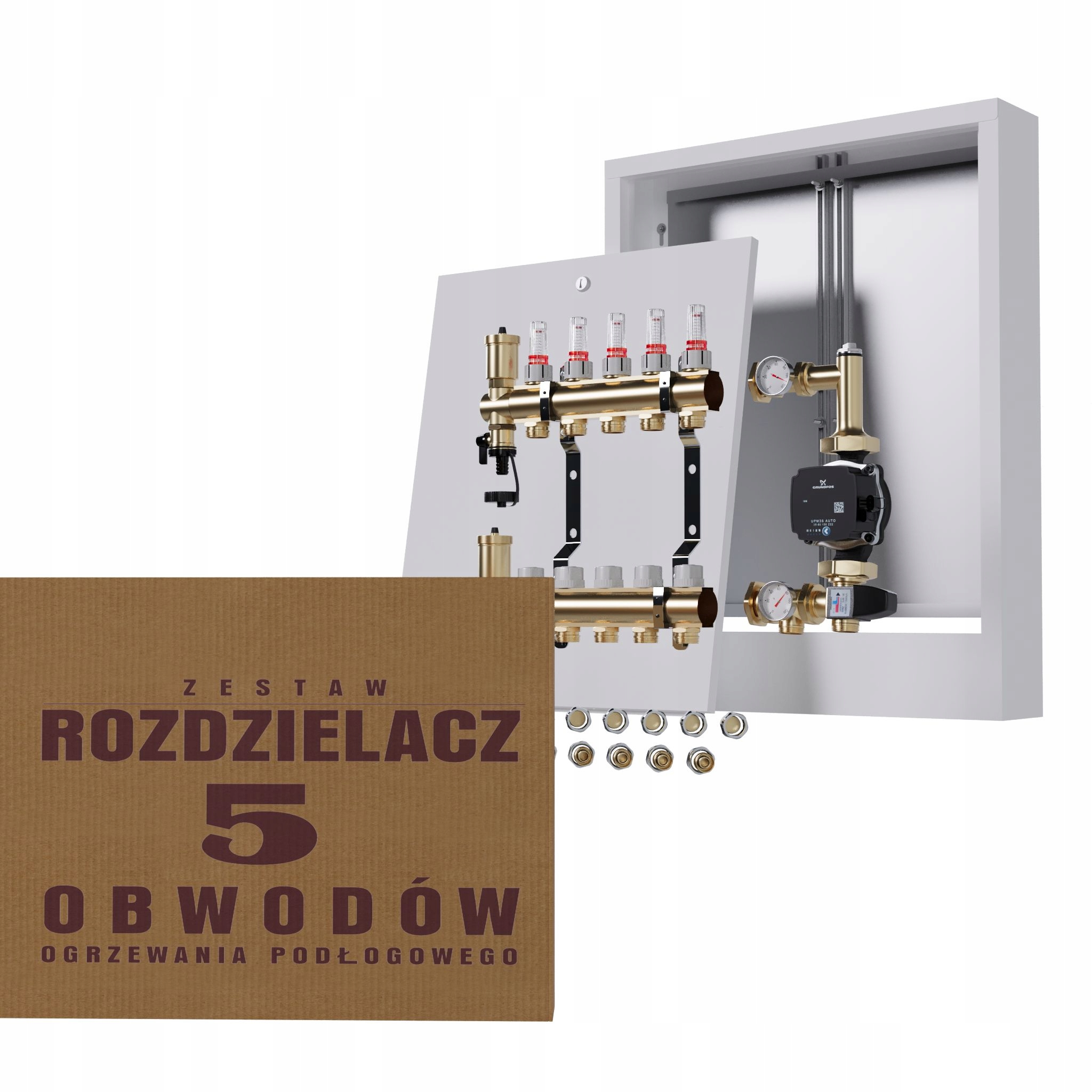 Rozdělovač pro podlahu 5 sekcí s čerpadlem GRUNDFOS+nástěnná skříňka+PEX