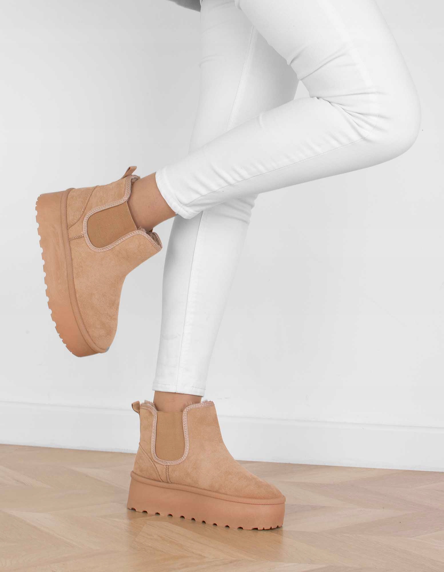 ŚNIEGOWCE BEŻOWE OCIEPLANE KHAKI BOTKI NA PLATFORMIE WSUWANE 41 Materiał zewnętrzny skóra ekologiczna zamszowa