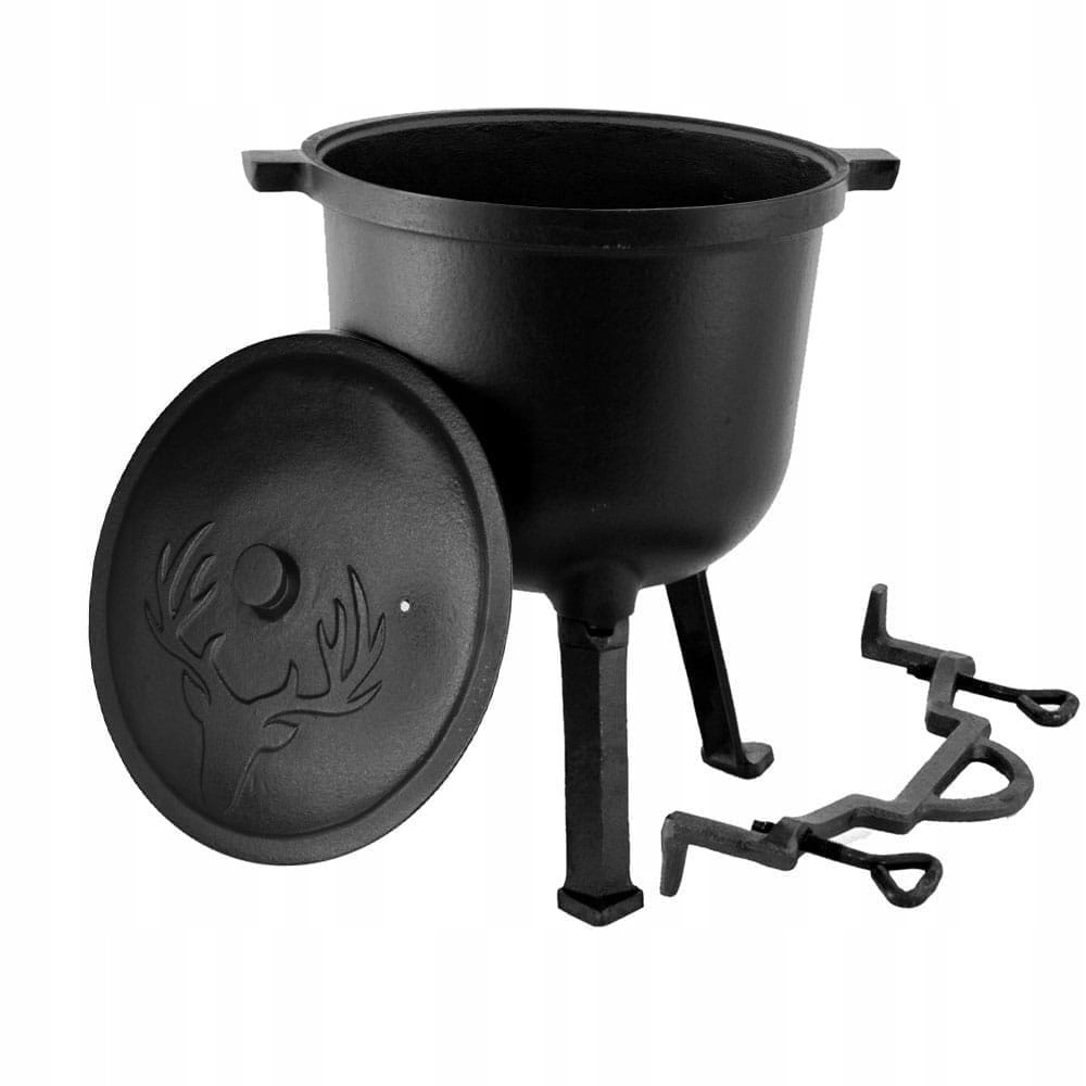 KOCIOŁEK ŻELIWNY GARNEK MYŚLIWSKI STOJĄCY NA GRILL OGNISKO DO GULASZU 8L