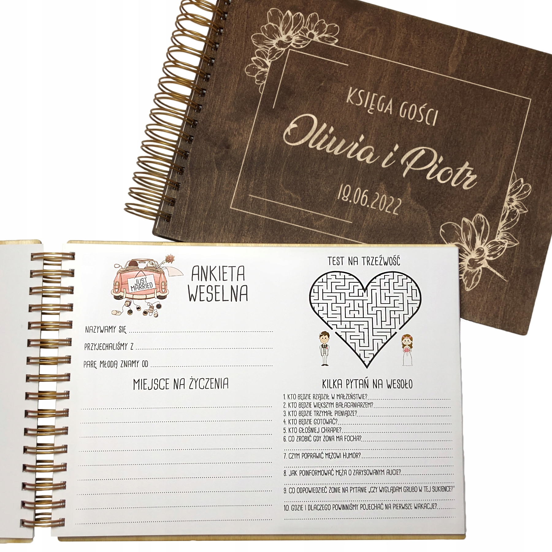 KSIĘGA GOŚCI NA WESELE ŚLUB Z ANKIETAMI PERSONALIZOWANA DREWNIANA PAMIĄTKA