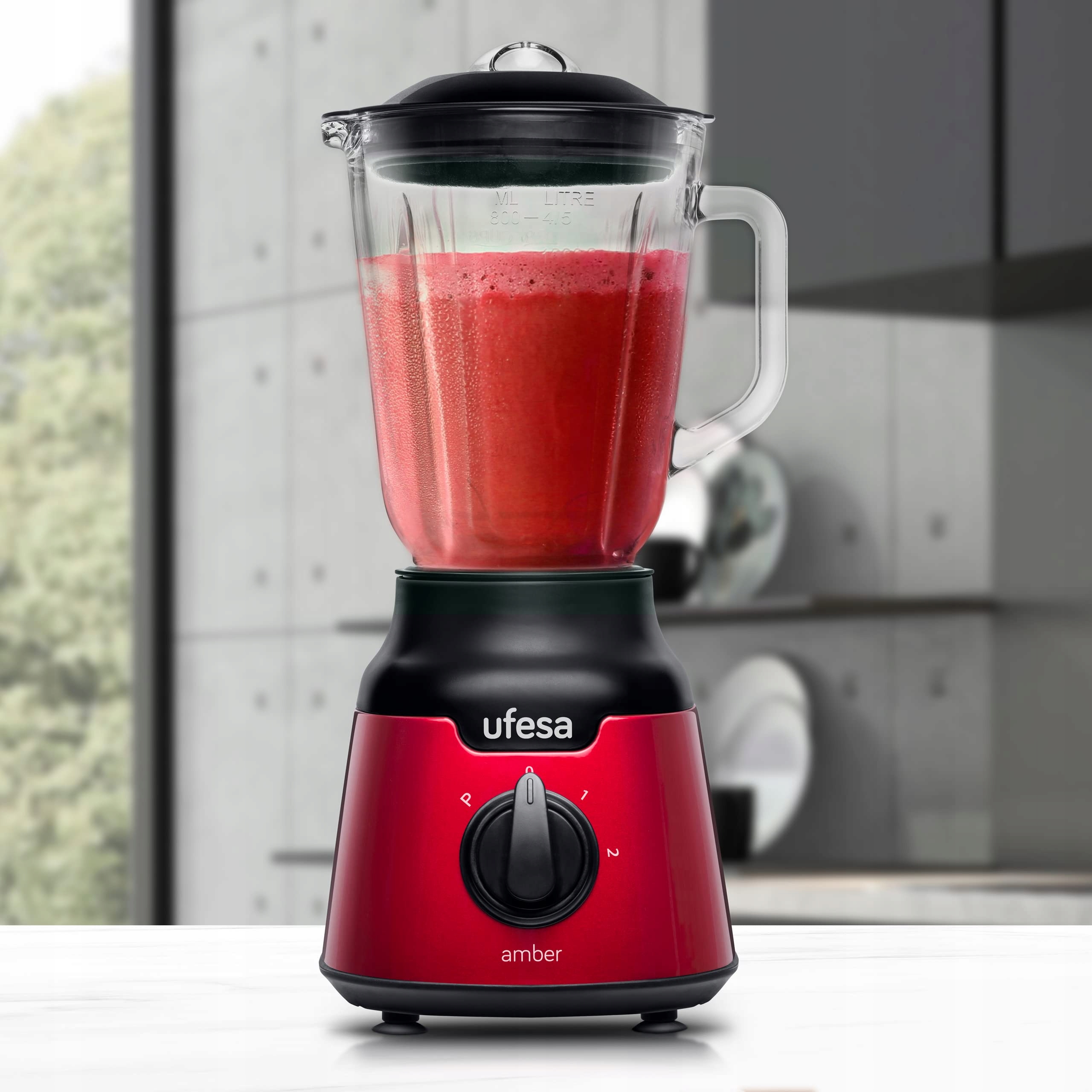UFESA Blender Kielichowy Czerwony Szkło 0,8L 900W 2 Prędkości BPA Free — miniatura 12