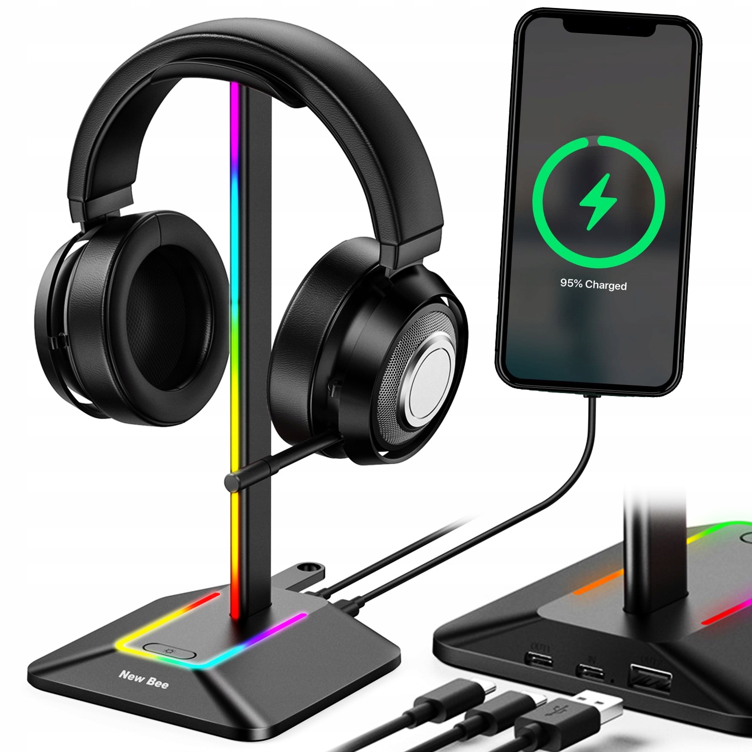 Stojak na słuchawki Renew Force czarny z podświetleniem LED RGB i 2x USB