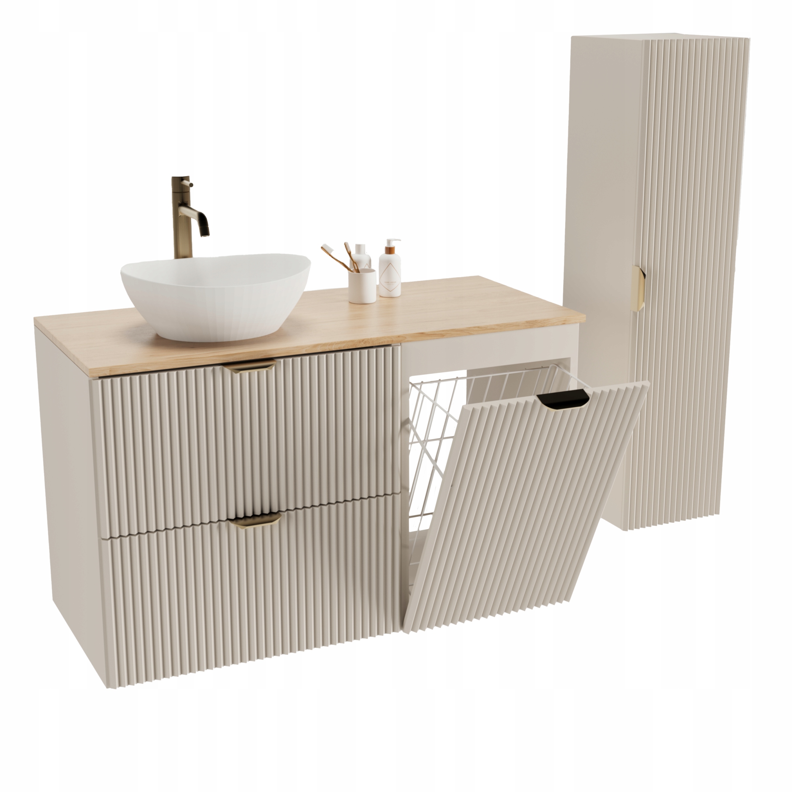 Sada: Skříňka 100 cm s košem na prádlo a sloupkem Kašmír/Ořechová deska Willy