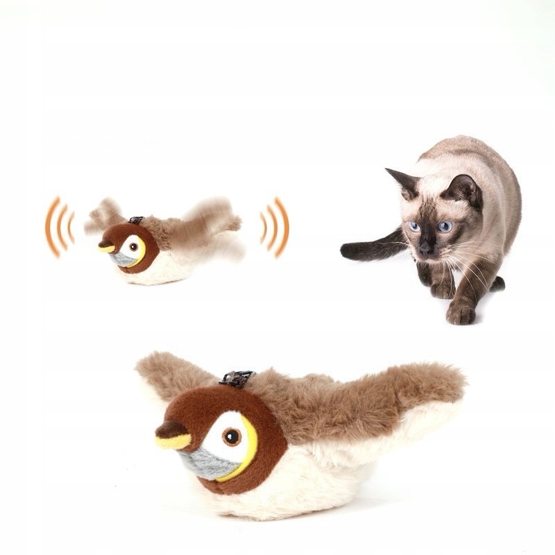 Hračka pro kočky – interaktivní plyšový ptáček – pohyb a ptačí zvuky
