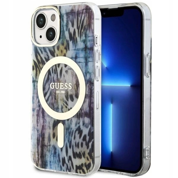 Pouzdro Guess Leopard MagSafe na iPhone 14 modré