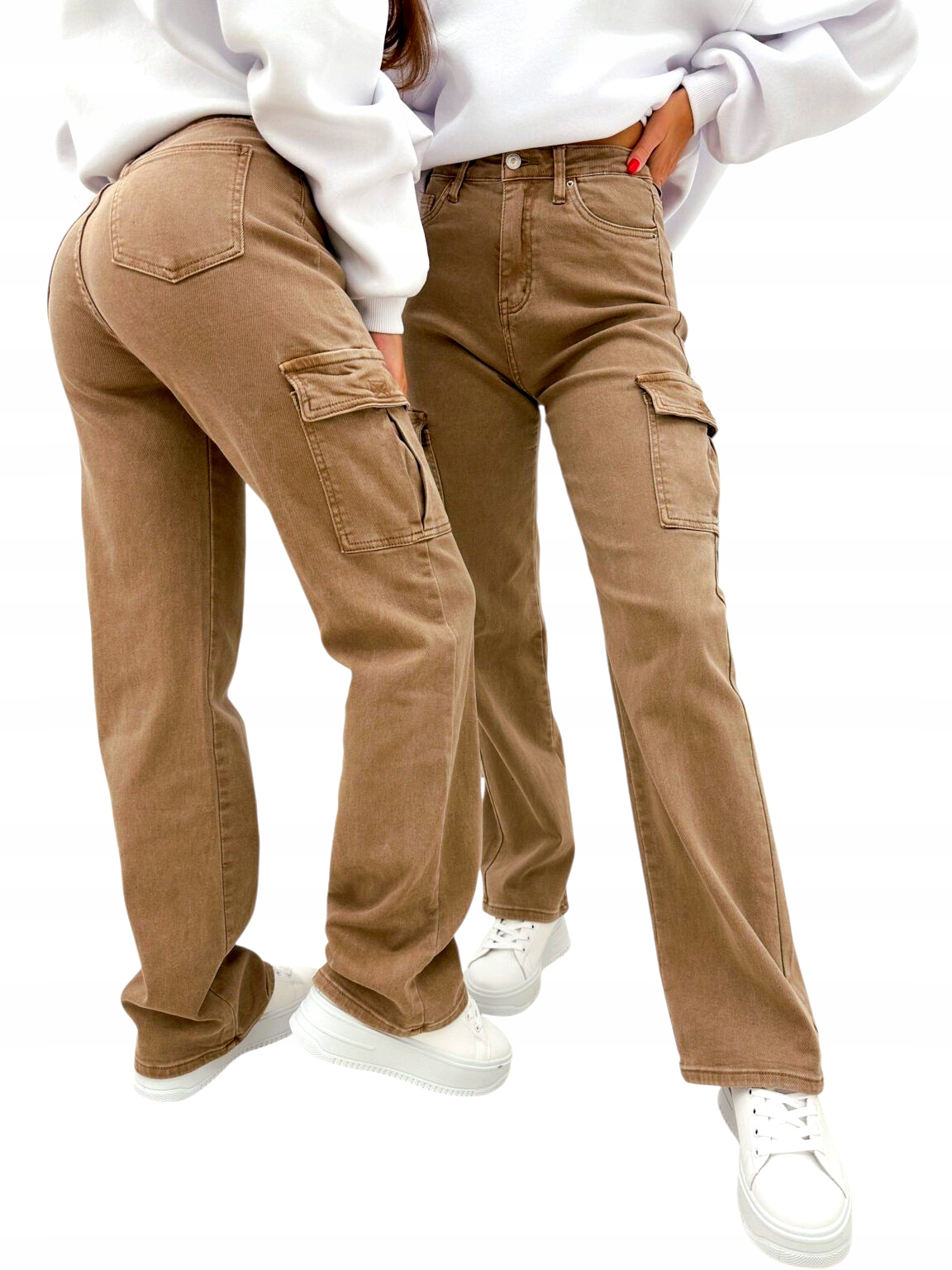 Dámské Látkové Kalhoty Jednoduché Kapsáče Cargo vel. M 38 Béžové