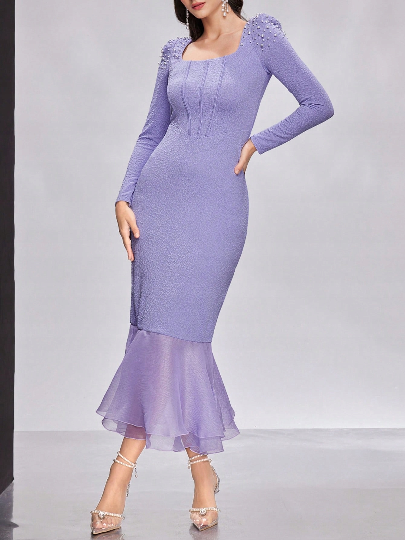 Šaty Elegantní Maxi Mořská Panna Zdobená Perličkami Fialová Shein L 40
