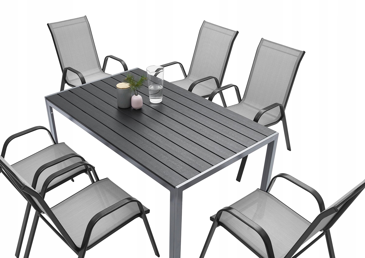 MEBLE OGRODOWE DESKA KOMPOZYTOWA 6+1 TARAS BALKON Kod producenta KRZESŁA SZARO-CZARNE + STÓŁ POLYWOOD-150 GRAY