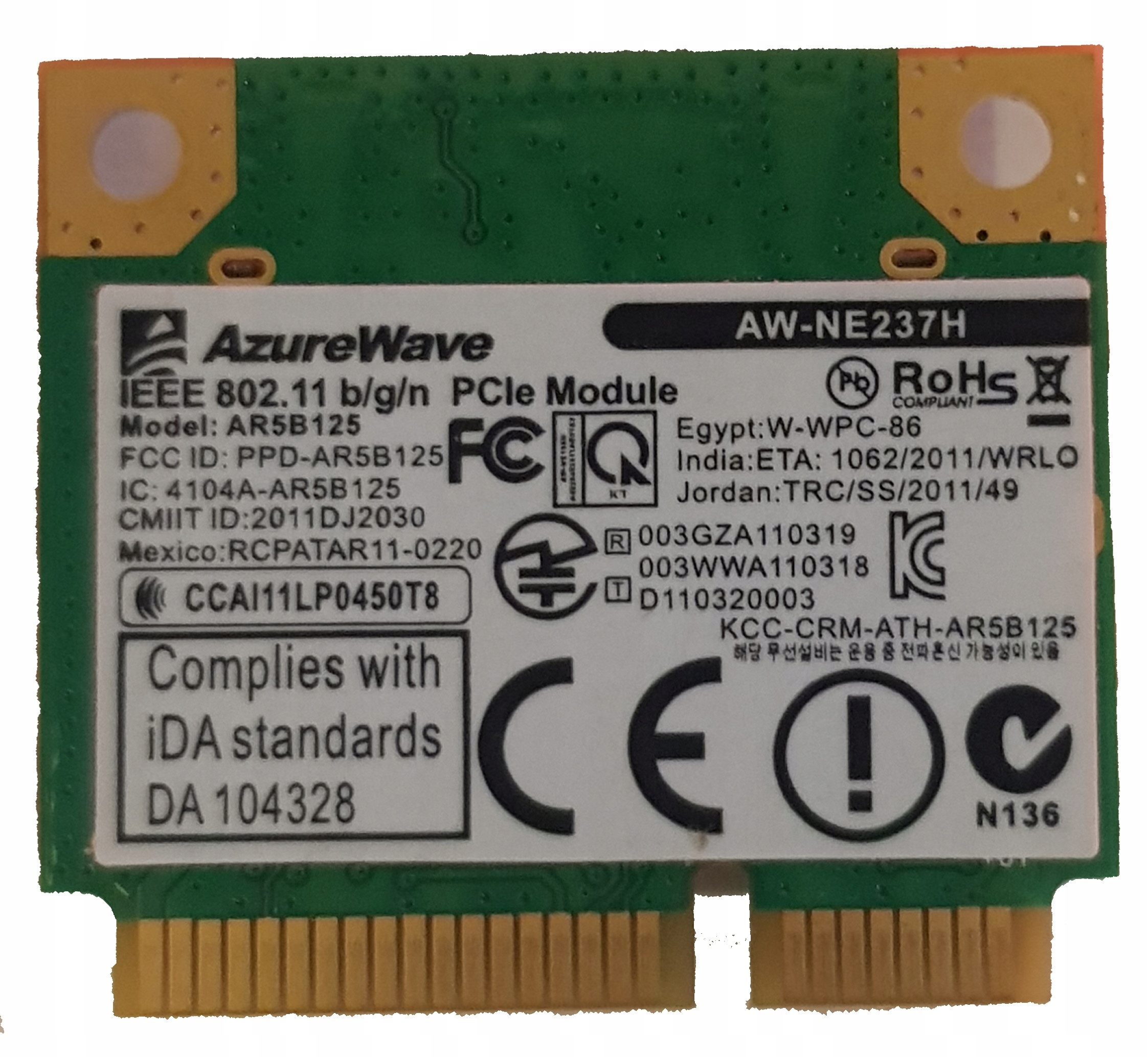 Karta WiFi WLAN Atheros 2.4Ghz AW-NE237H 802.11 b/g/n do ASUS PCIe Kod producenta AW-NE237H