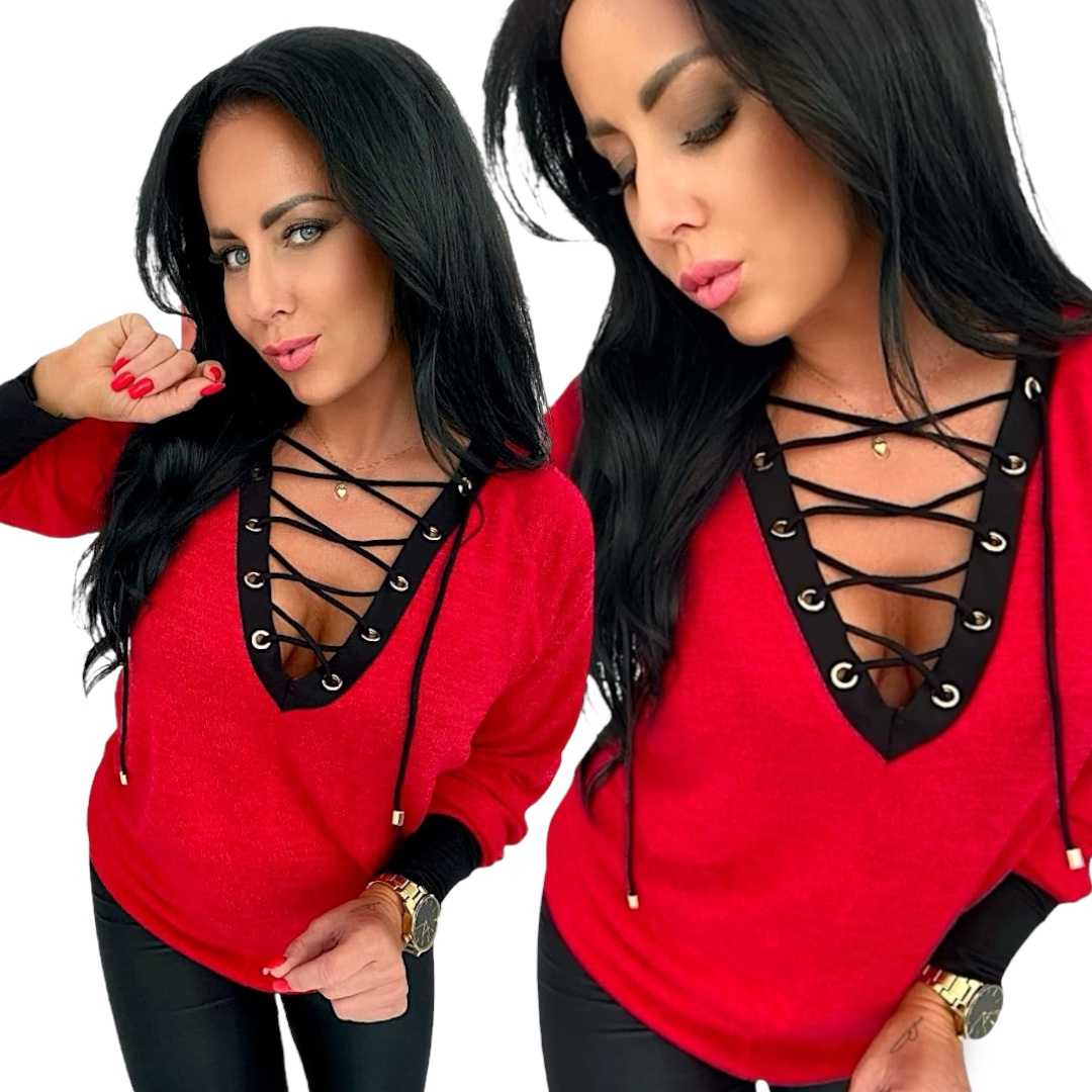 Dámský šněrovací svetr se zavazováním a výstřihem do V, módní, elegantní a sexy, velikost M 38