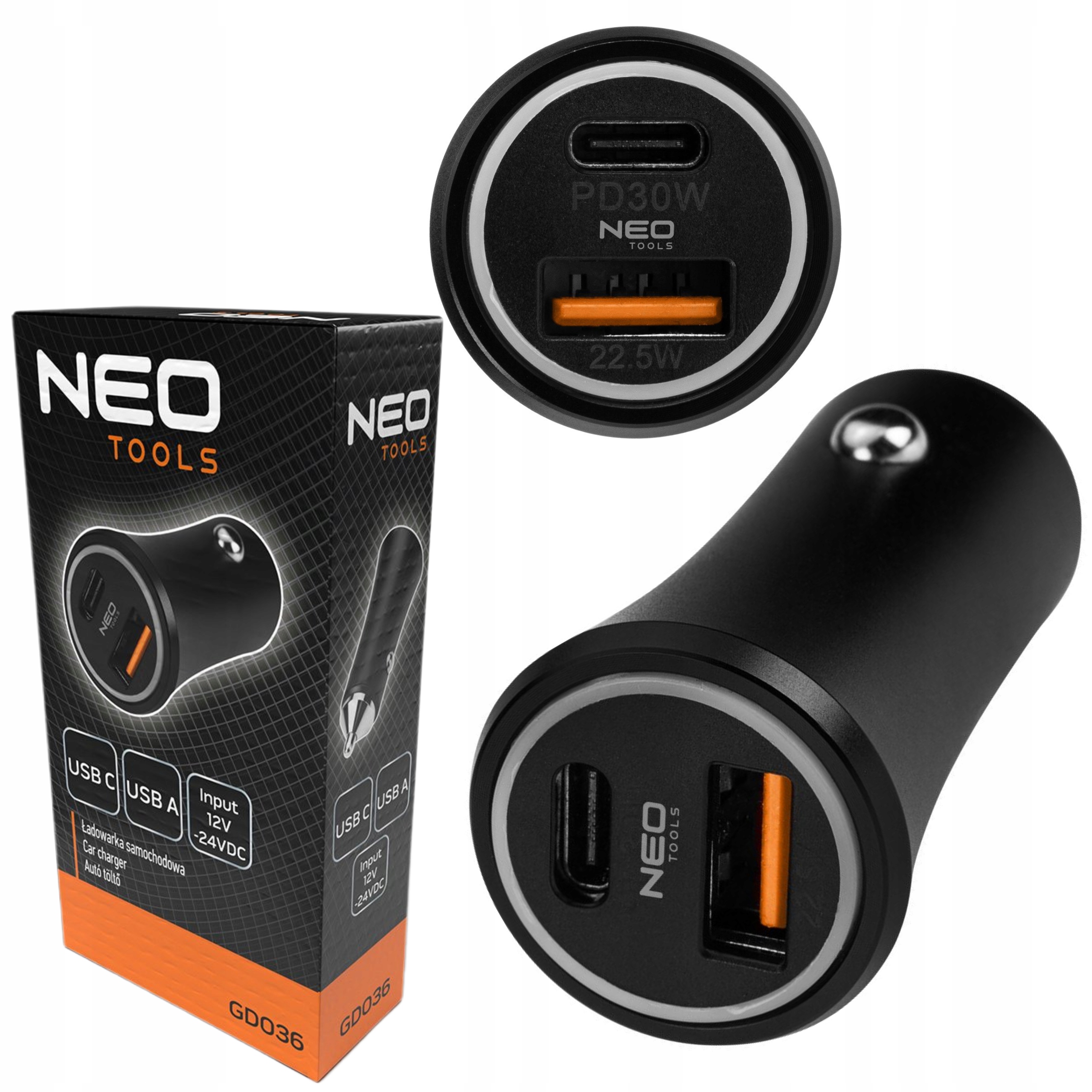 NEO ŁADOWARKA SAMOCHODOWA DWUPORTOWA USB-A USB-C 12-24 V GD036
