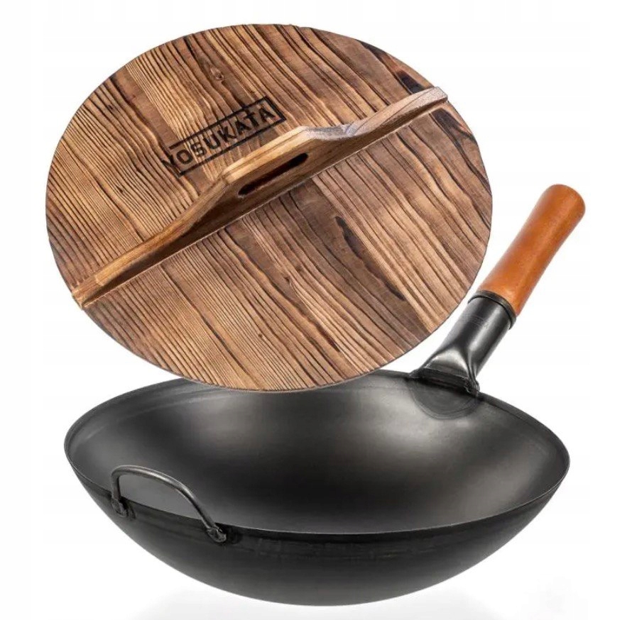 Yosukata Sada Wok 36 cm Uhlíková oceľ Plyn Okrúhle dno Drevená pokrievka