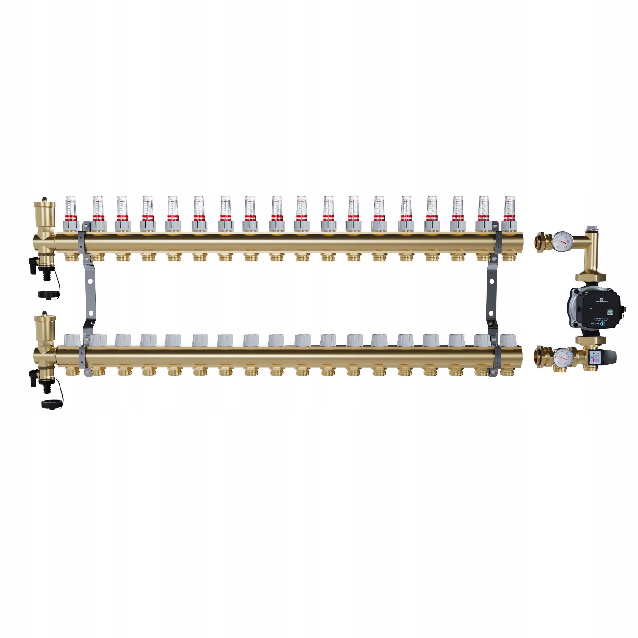 Rozdělovač pro podlahové topení 18 sekcí mosazný Pompa Grundfos