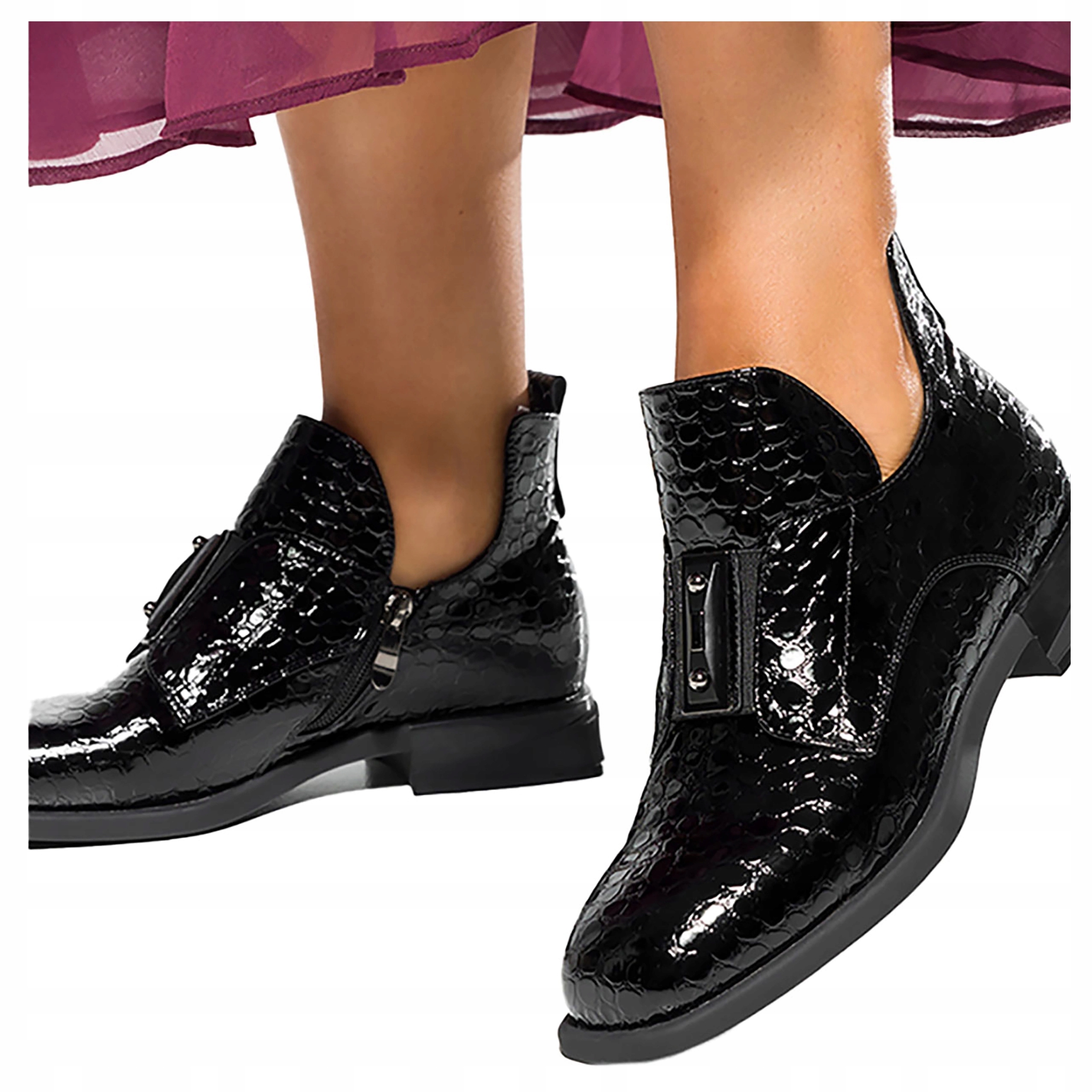 dámské kotníkové boty Černé Lakované Nízký Podpatek Blok Krokodýlí Vzor Velikost 35