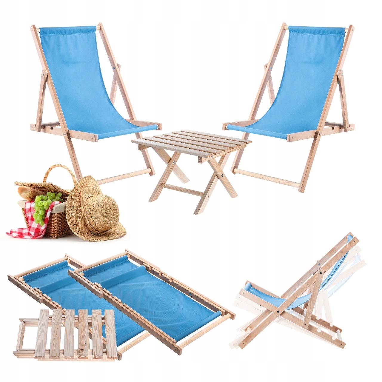 Plážové Lehátka Drevené Ležadlo 2 ks Skladací Konferenčný Stolík