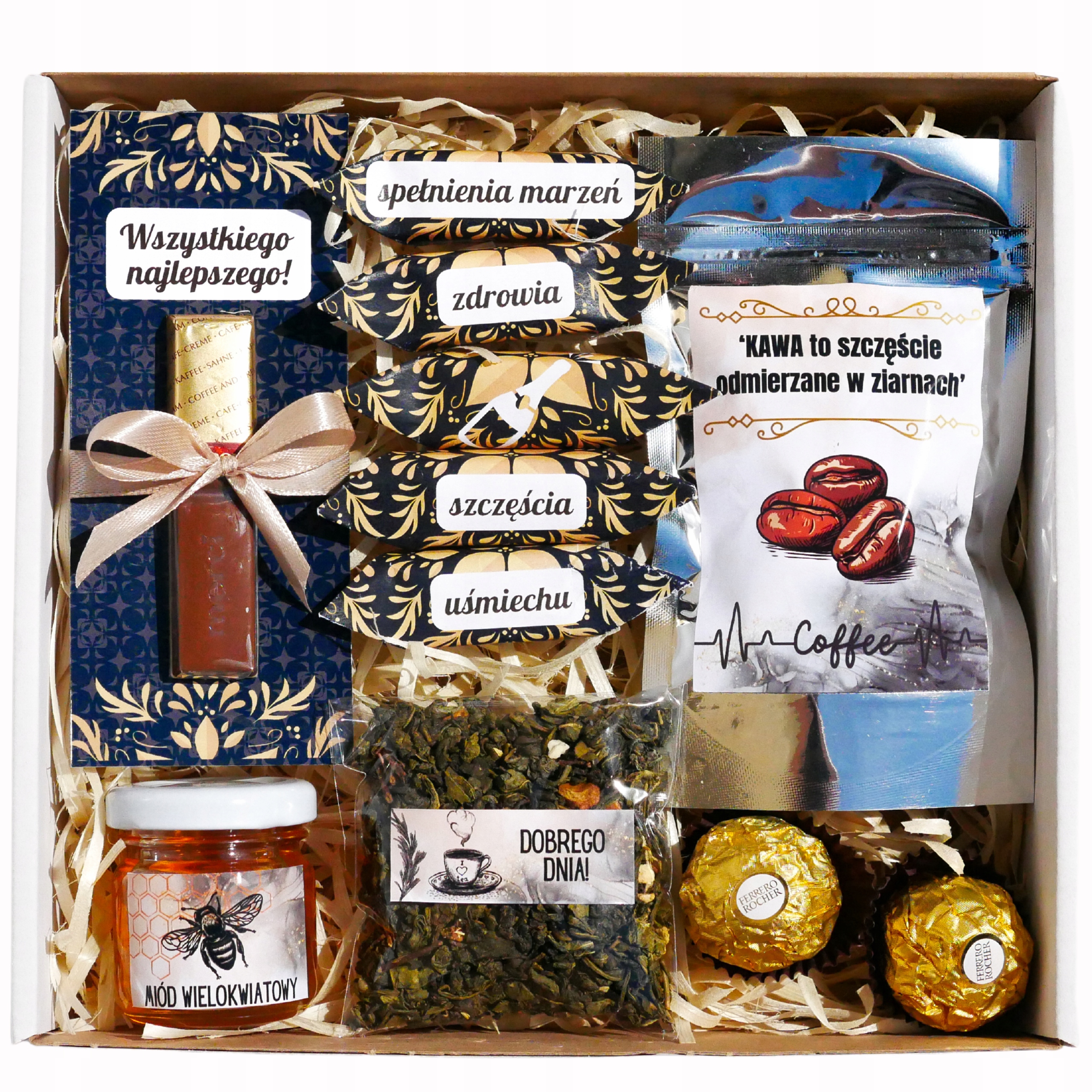 Zestaw Kosz Prezentowy Kawa Krówki Merci Miód Upominek