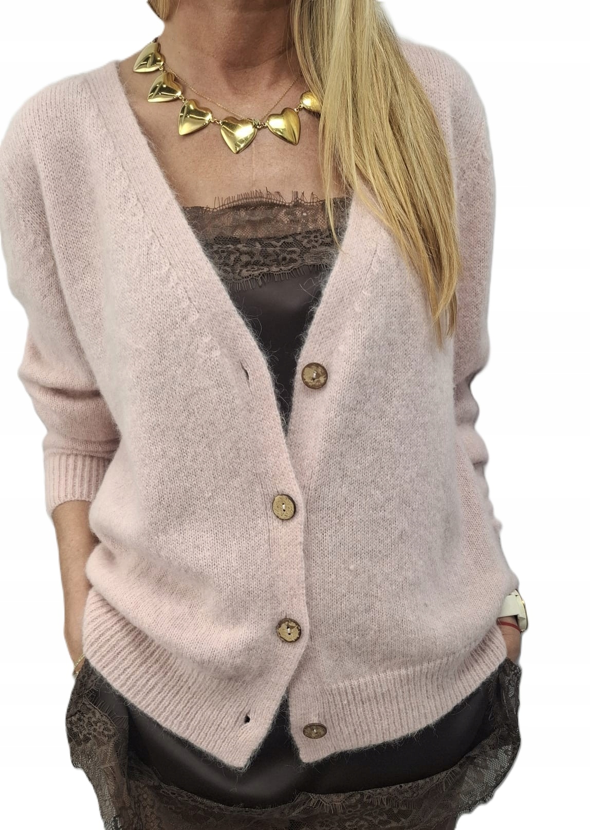 Cocomore Yarn Kardiganový svetr Alpaka růžová vlna New