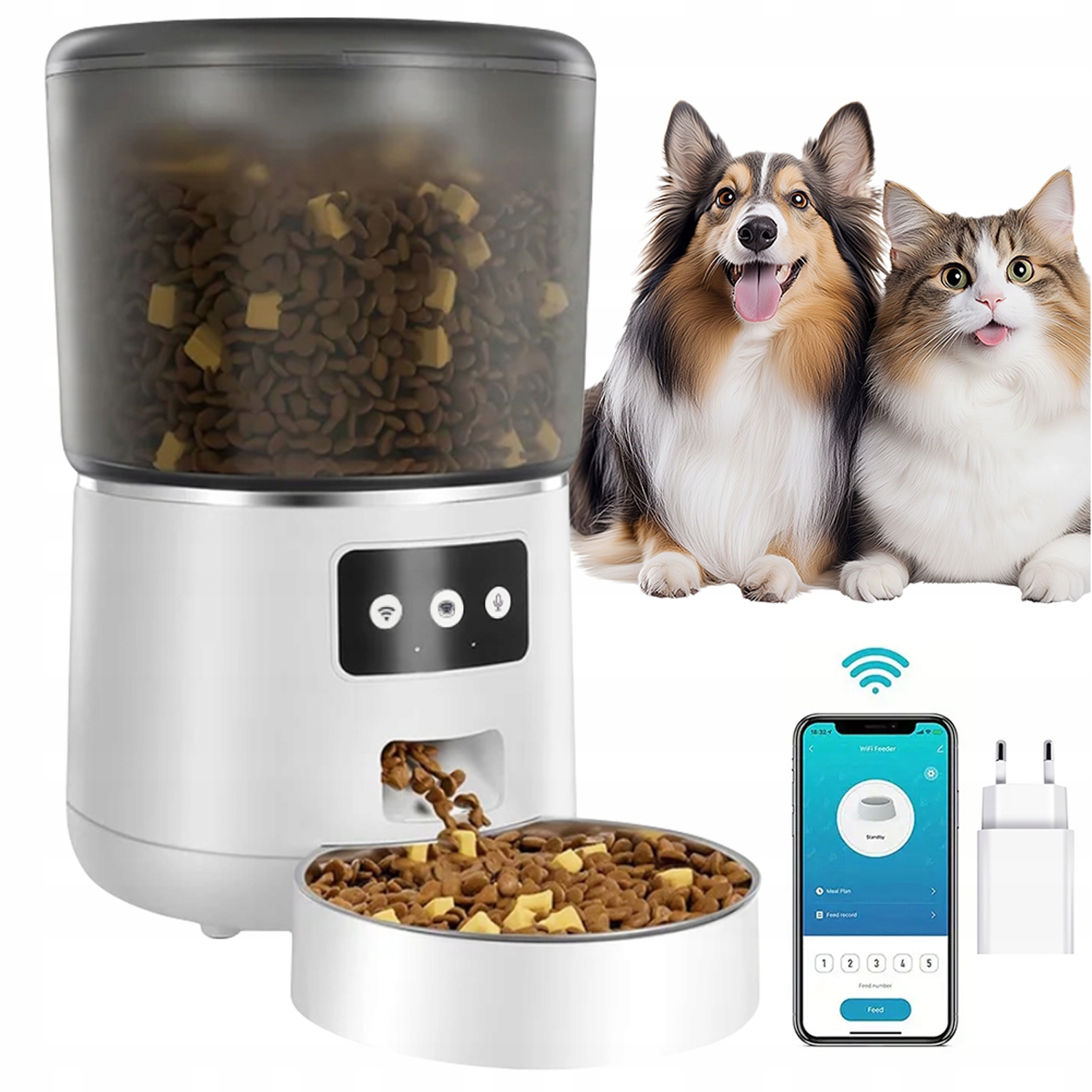 Levně Automatický Podavač Krmiva Pro Kočky Psa 4L Aplikace Wi-fi Ocelová Miska