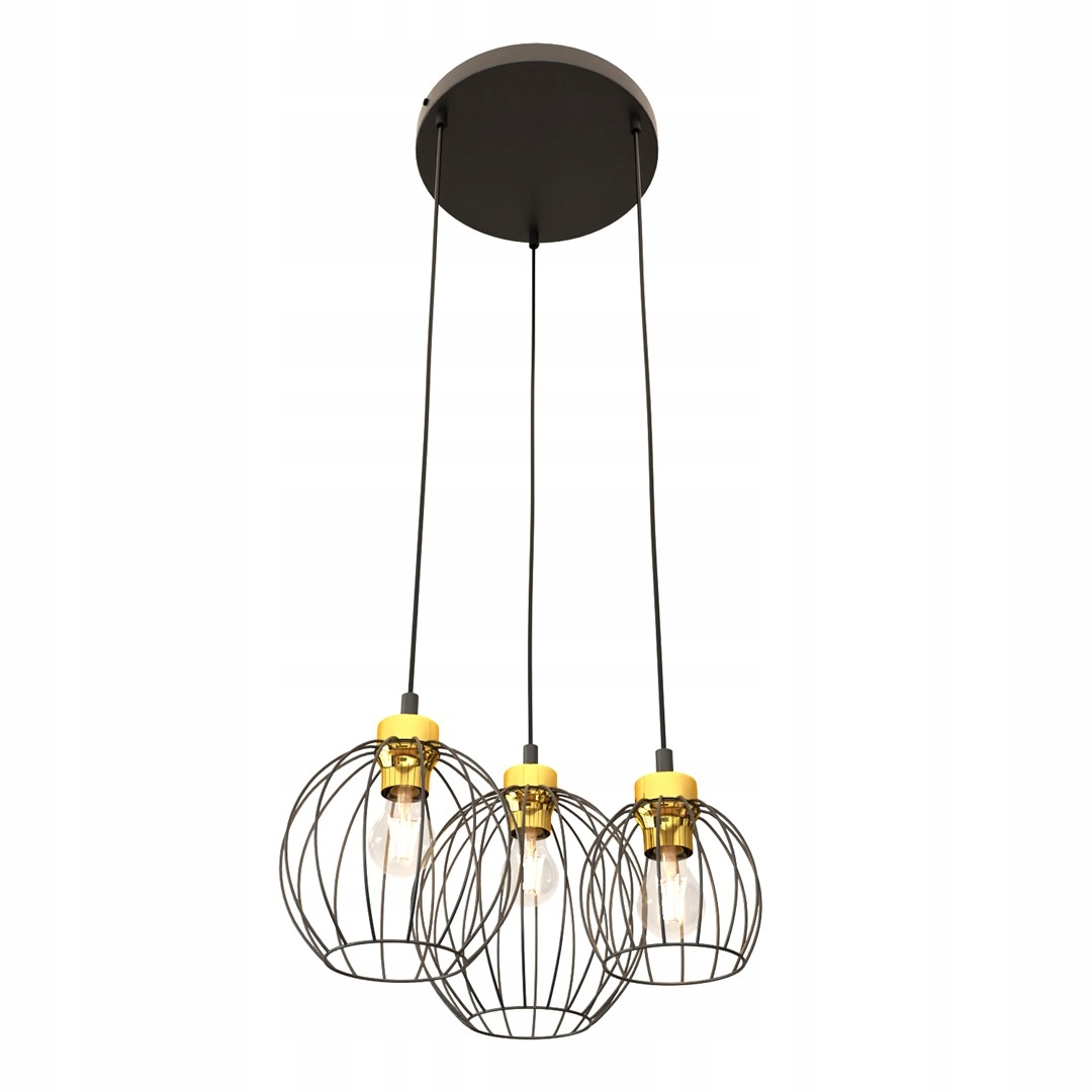 Závěsná loftová lampa kulatá černá zlatá 3 drátěné koule do obývacího pokoje Emibig