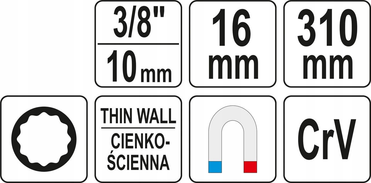 KLUCZ DO ŚWIEC 16mm NASADKA Z PRZEDŁUŻKĄ 3/8 310mm Waga produktu z opakowaniem jednostkowym 0.1 kg