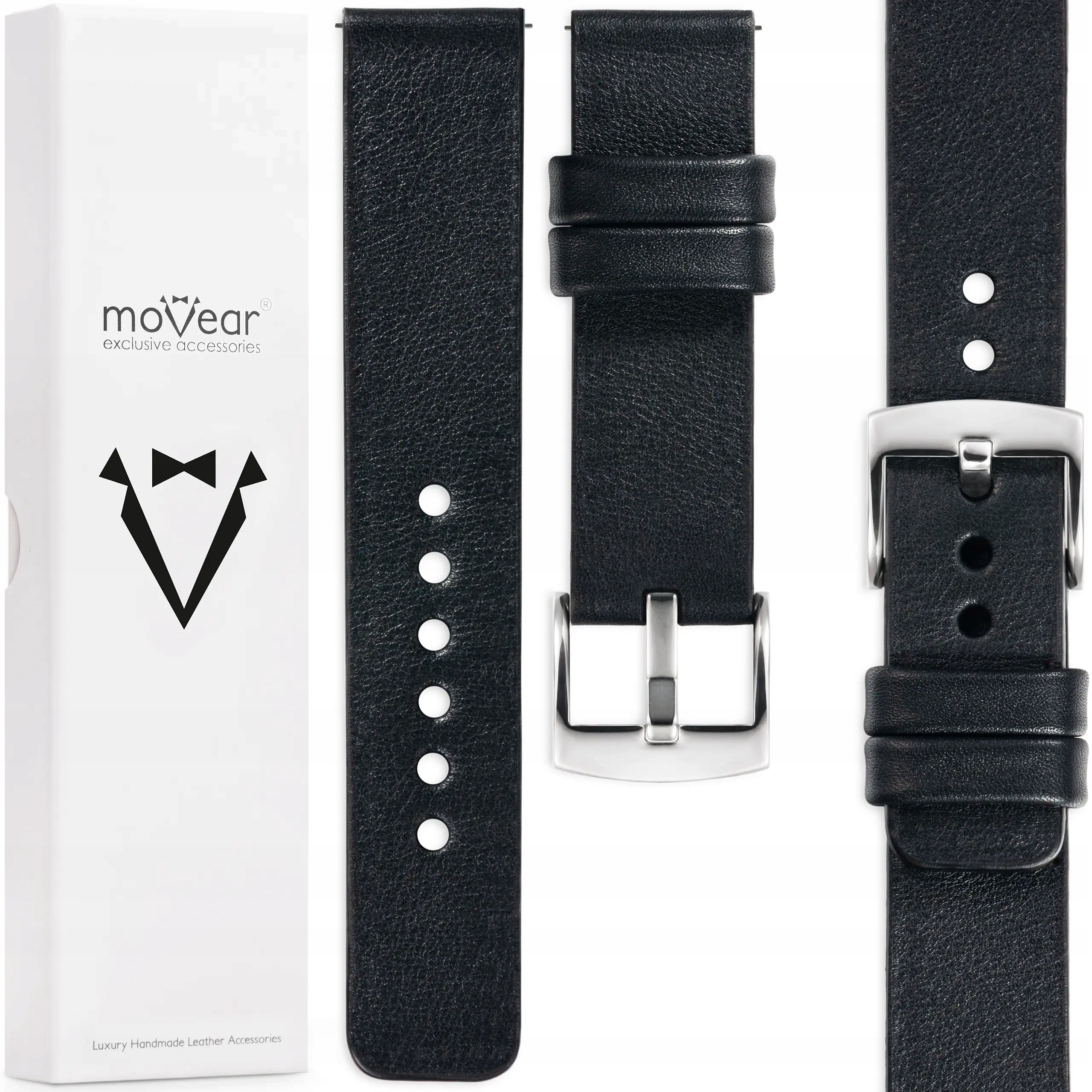 Řemínek 22 mm pro prémiové hodinky, elegantní, ručně vyrobený, černý Movear