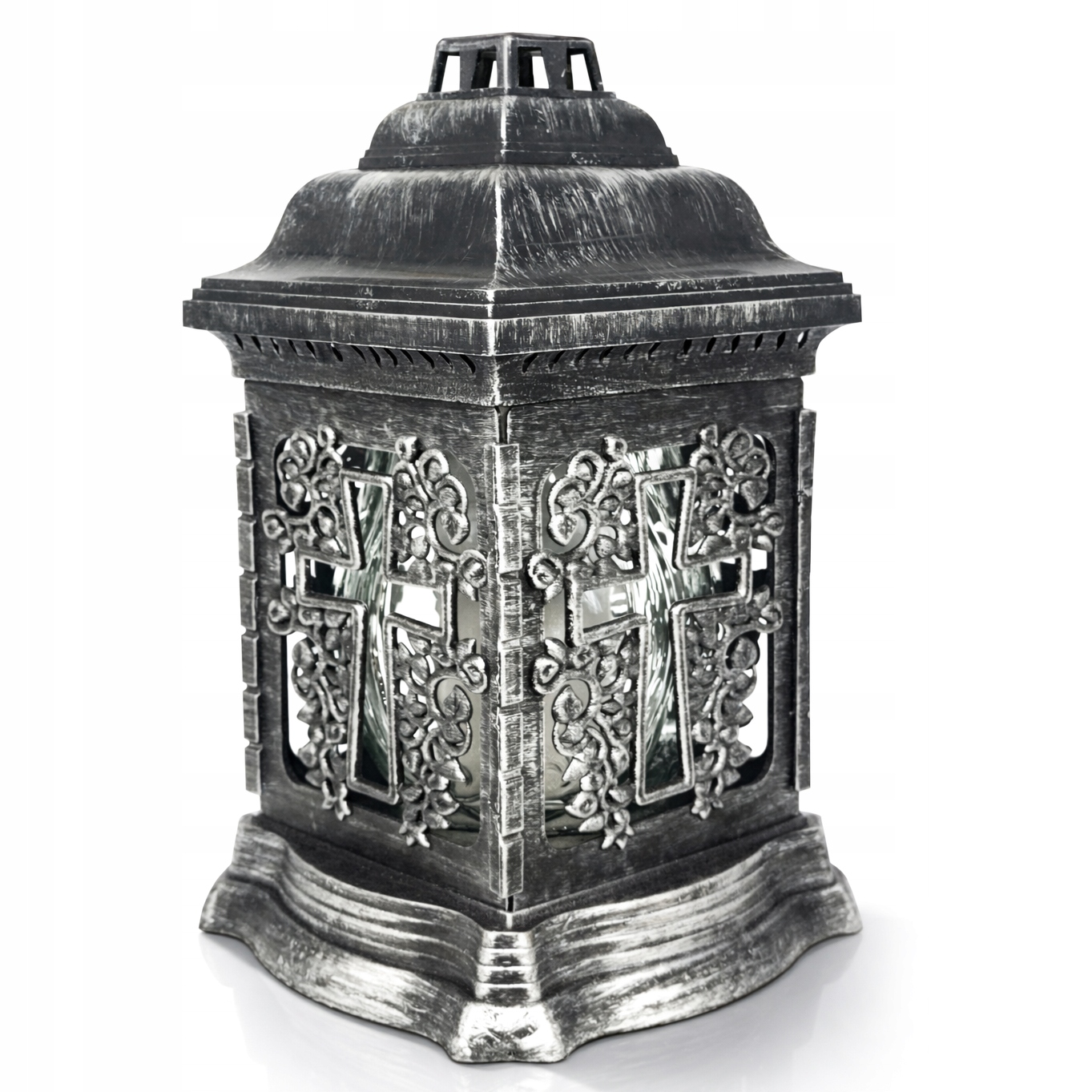 Znicz szklany ozdobny premium srebrno-czarny, tradycyjny KRZYŻ wys. 26 cm