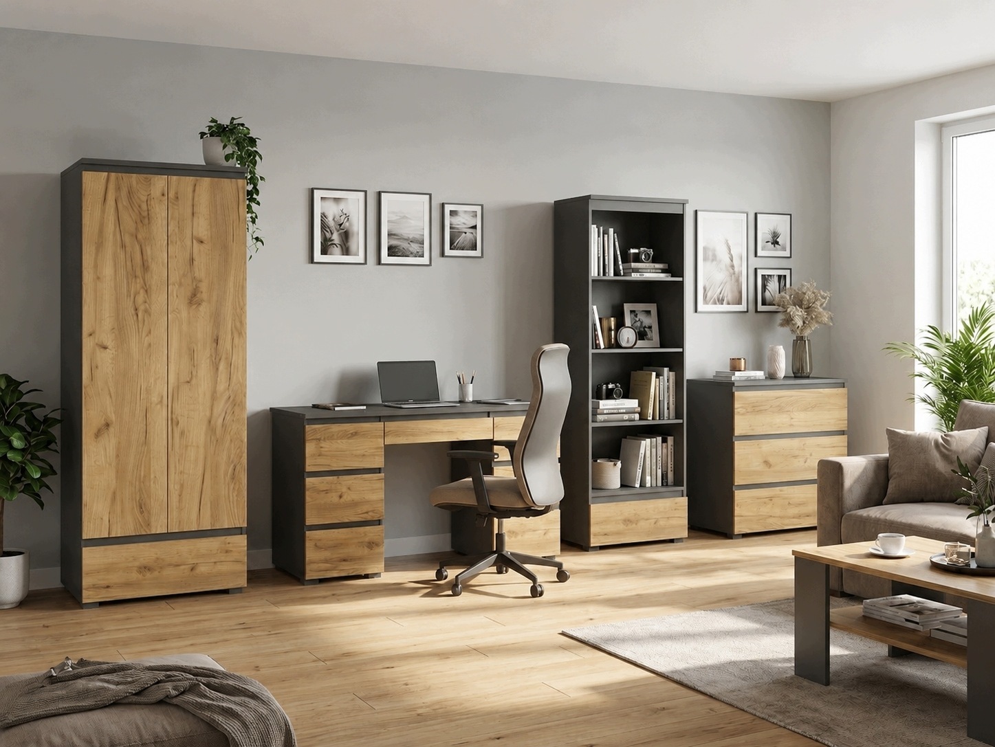 Modernūs vaiku ir jaunuolių baldų komplektas NEO 05 antracitas ąžuolas craft