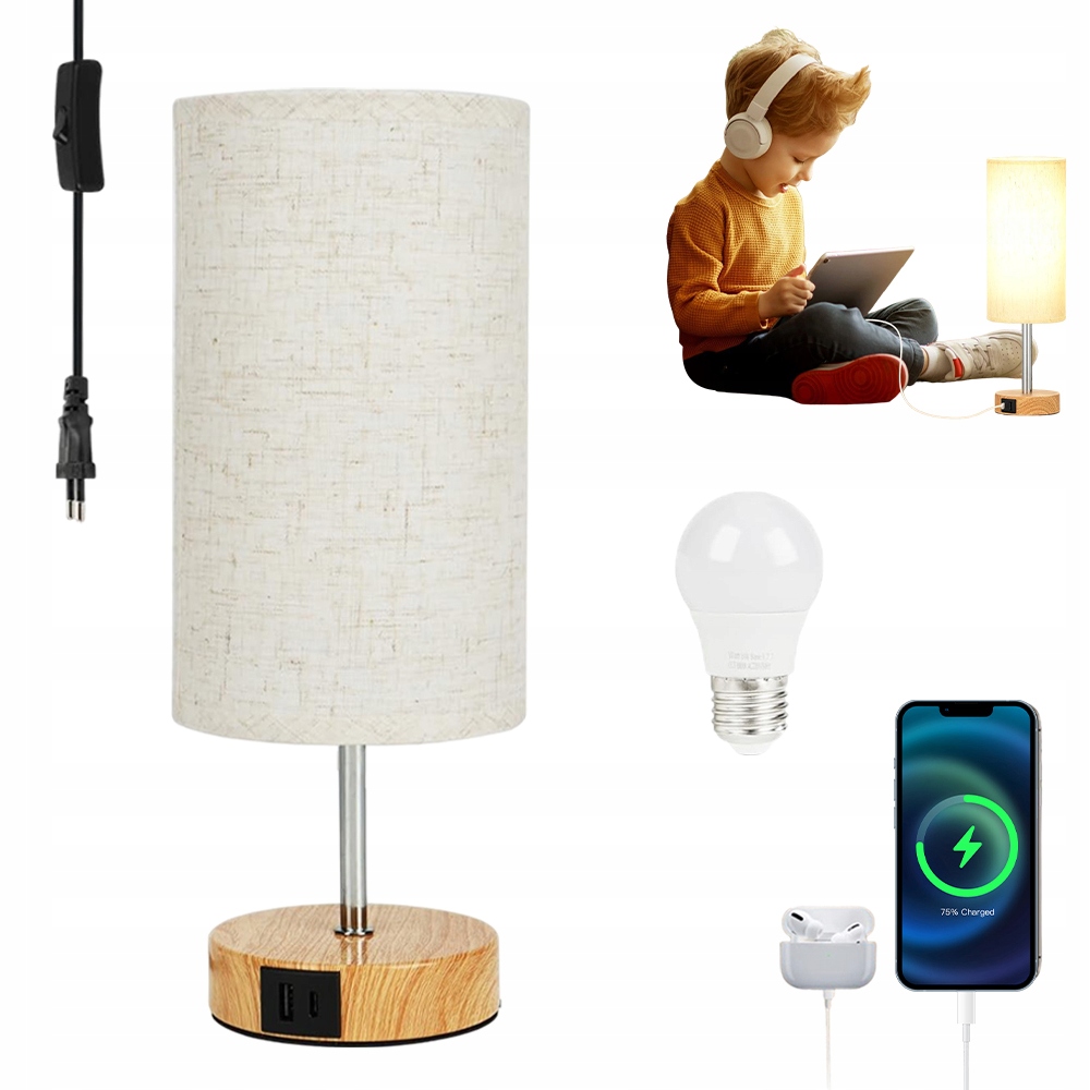 Lampka Nocna E27 Z Tkaniny Lampa Biurkowa Stołowa Dotykowa Sypialni Salonów