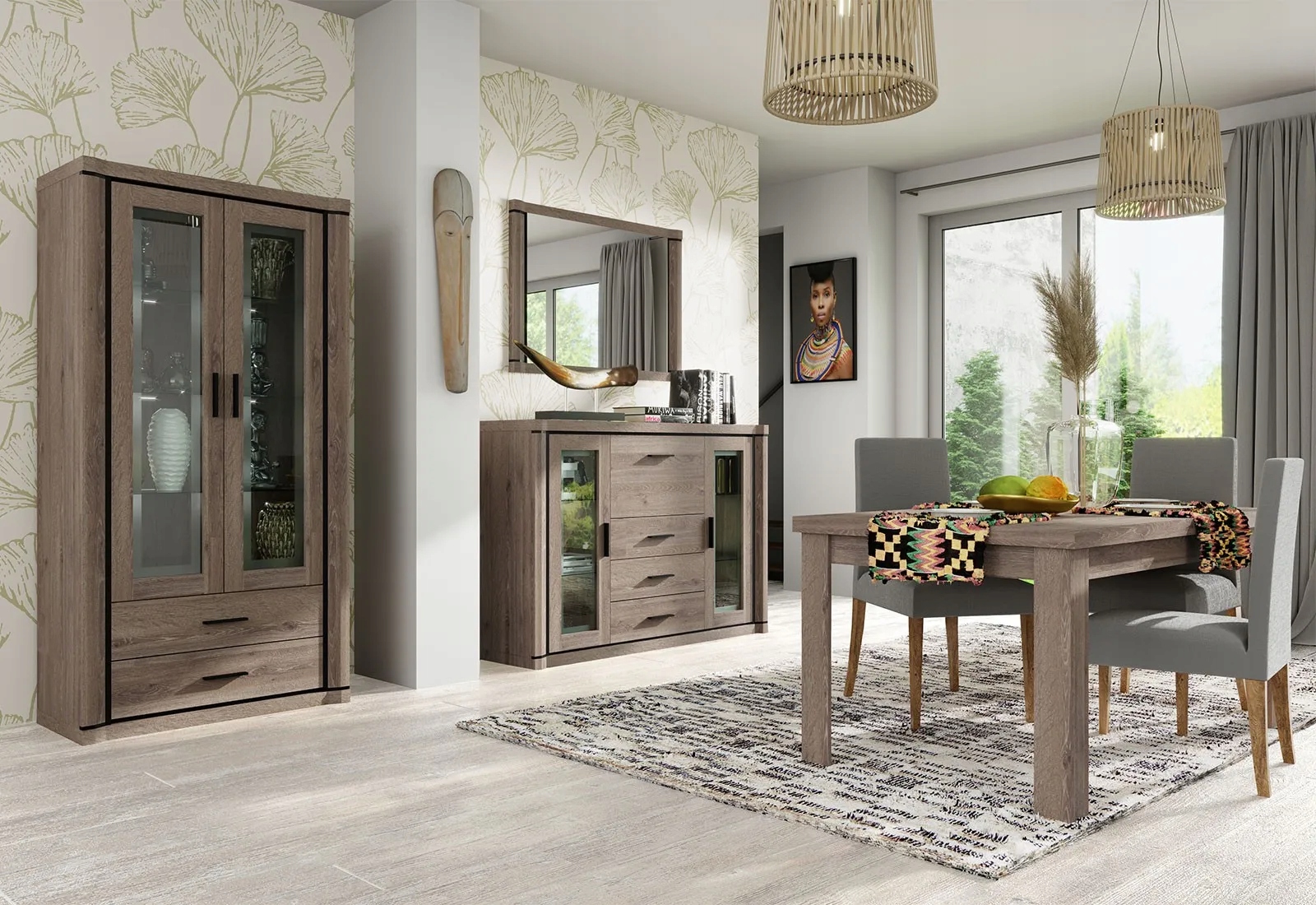 Szeroka witryna do salonu DALLAS D-17 dąb truflowy Wysokość mebla 192 cm