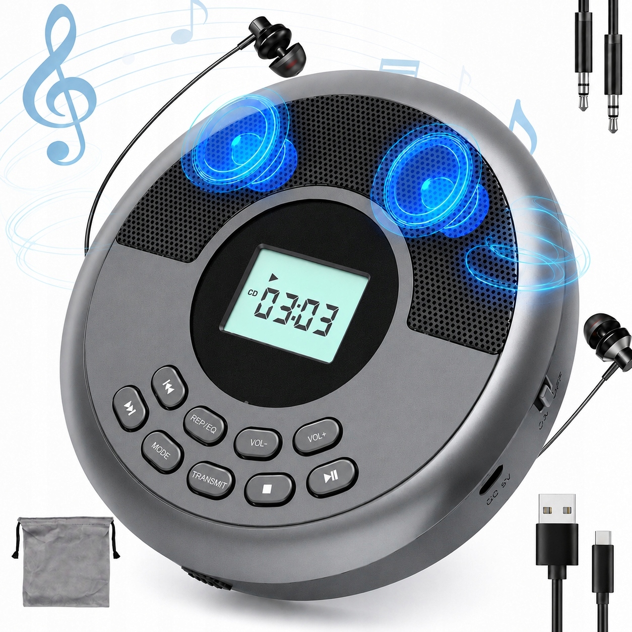 Přenosný Discman CD/MP3 Bluetooth Aux s reproduktorem a sluchátky