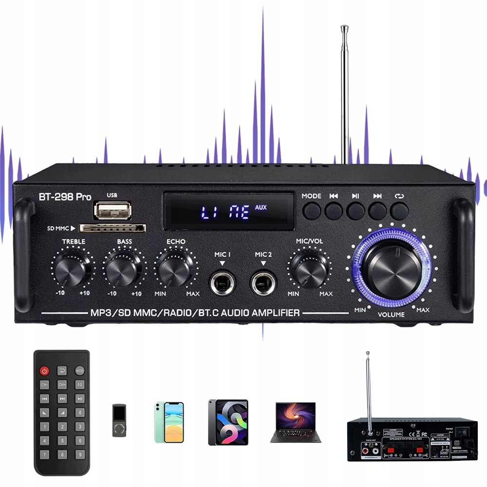 Audio Zesilovač Mini 50W 50W Stereo Bluetooth 5.0 Sd Usb Aux Fm