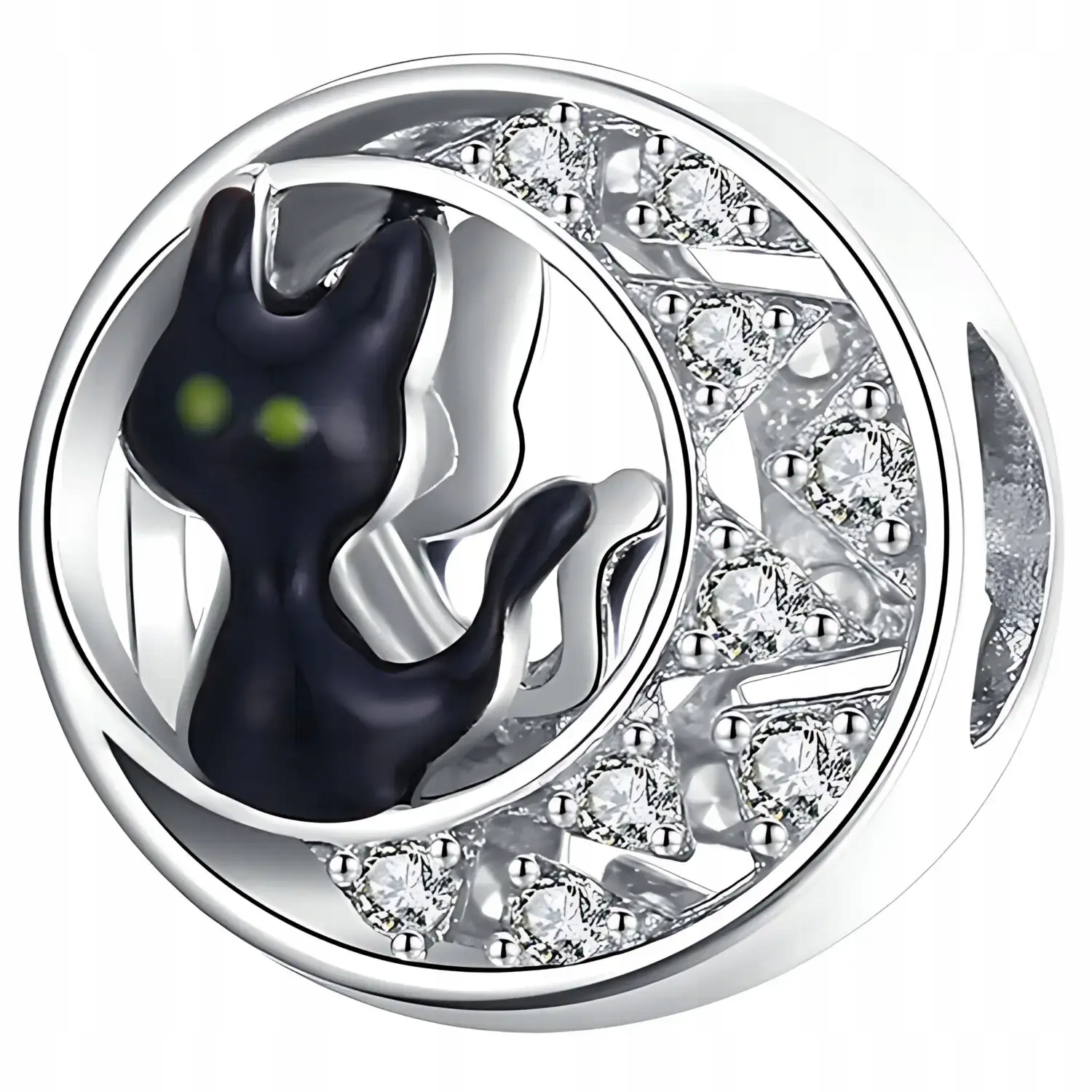 Charms Přívěsek Stříbro 925 Kočka Černá Kočička Měsíc v kruhu se Zirkony