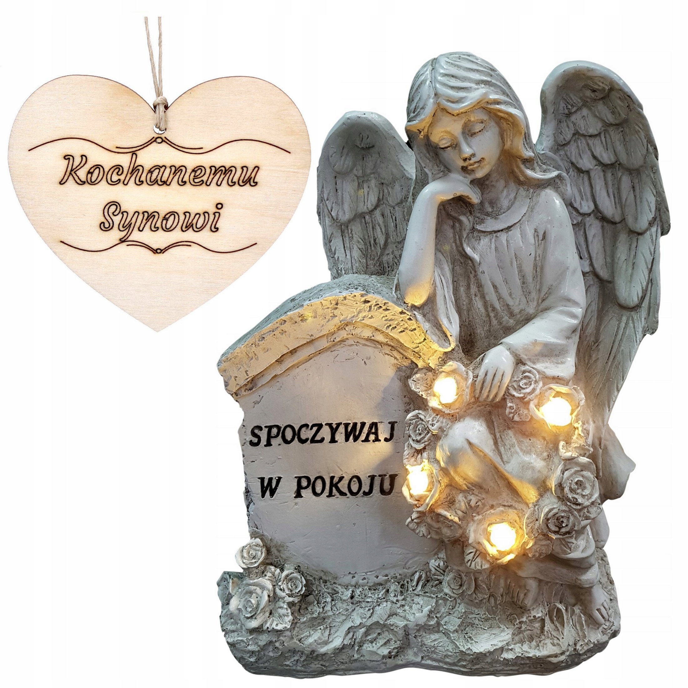 ZNICZ ANIOŁ STRÓŻ z napisem SPOCZYWAJ W POKOJU na grób SYNA 21,5 CM